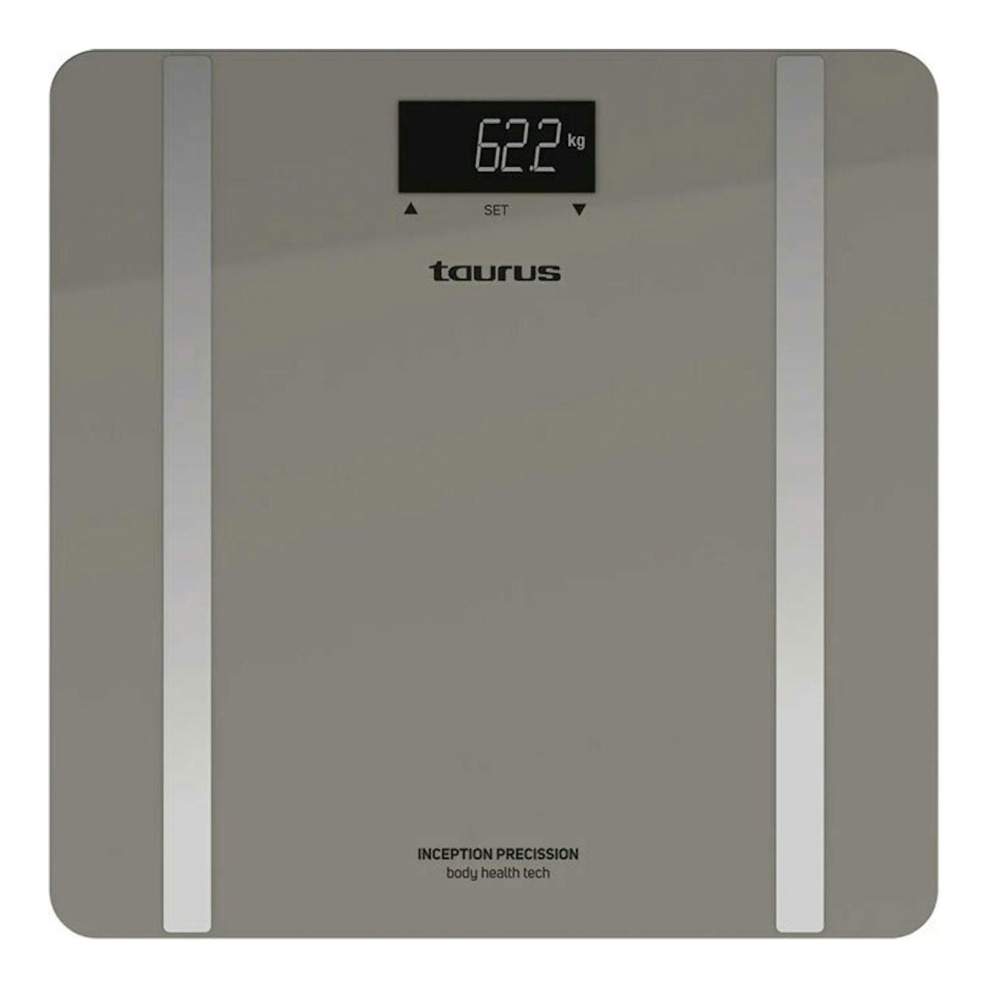Báscula de baño Taurus Inception Precission gris, vista frontal, con pantalla digital marcando 62,2 kg.