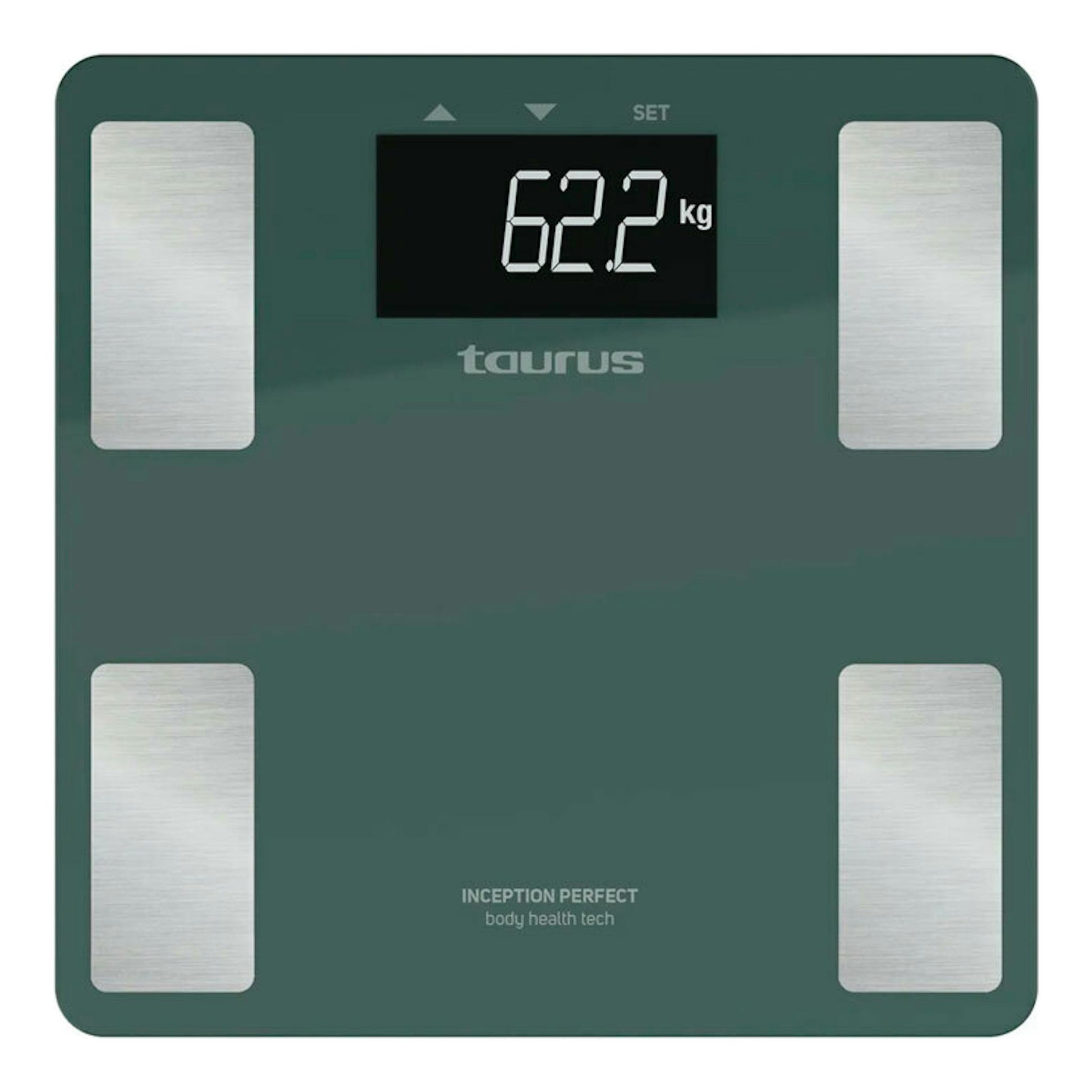 Báscula de baño Taurus Inception Perfect verde, vista frontal, con pantalla digital marcando 62,2 kg y electrodos plateados.