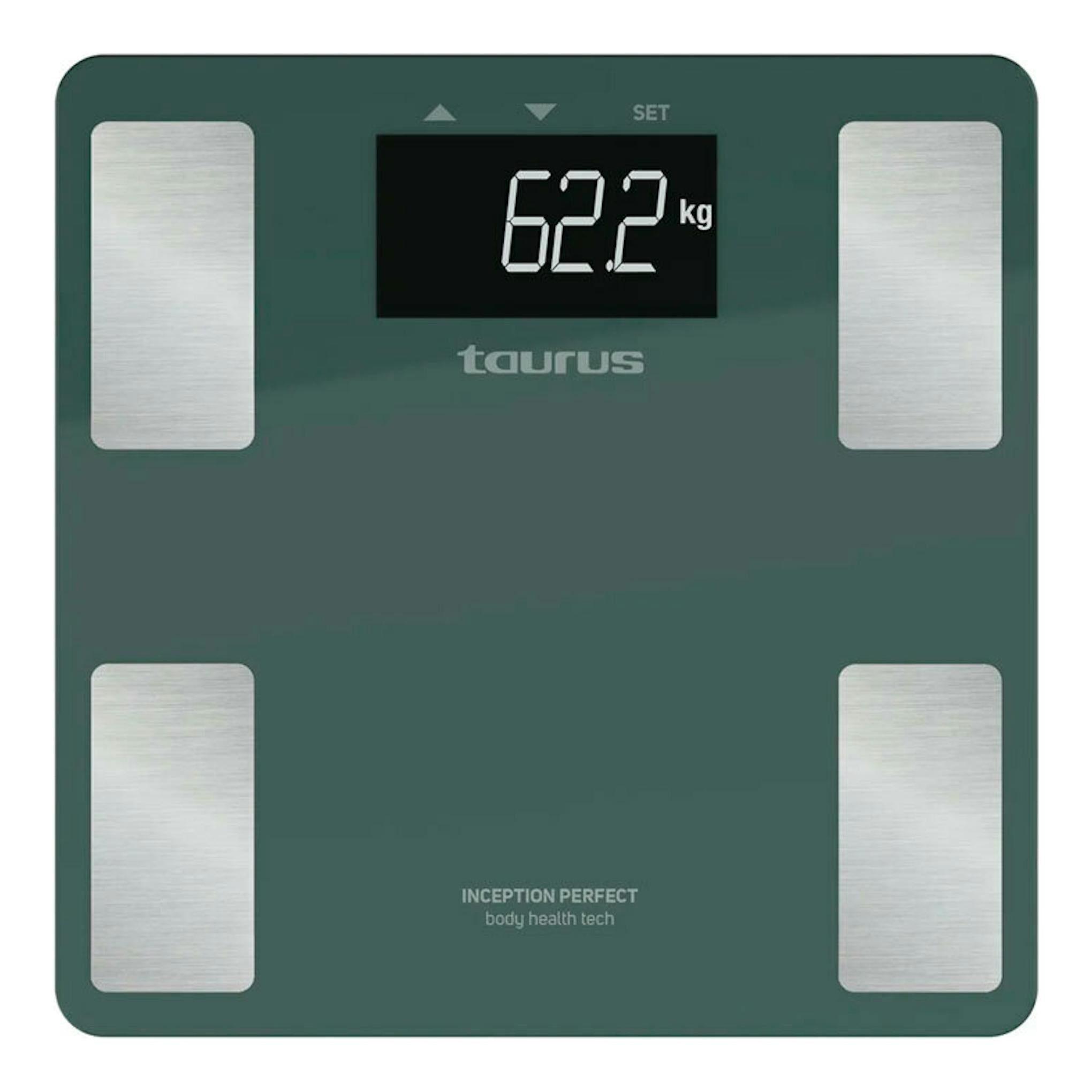 Báscula de baño Taurus Inception Perfect verde, vista frontal, con pantalla digital marcando 62,2 kg y electrodos plateados.