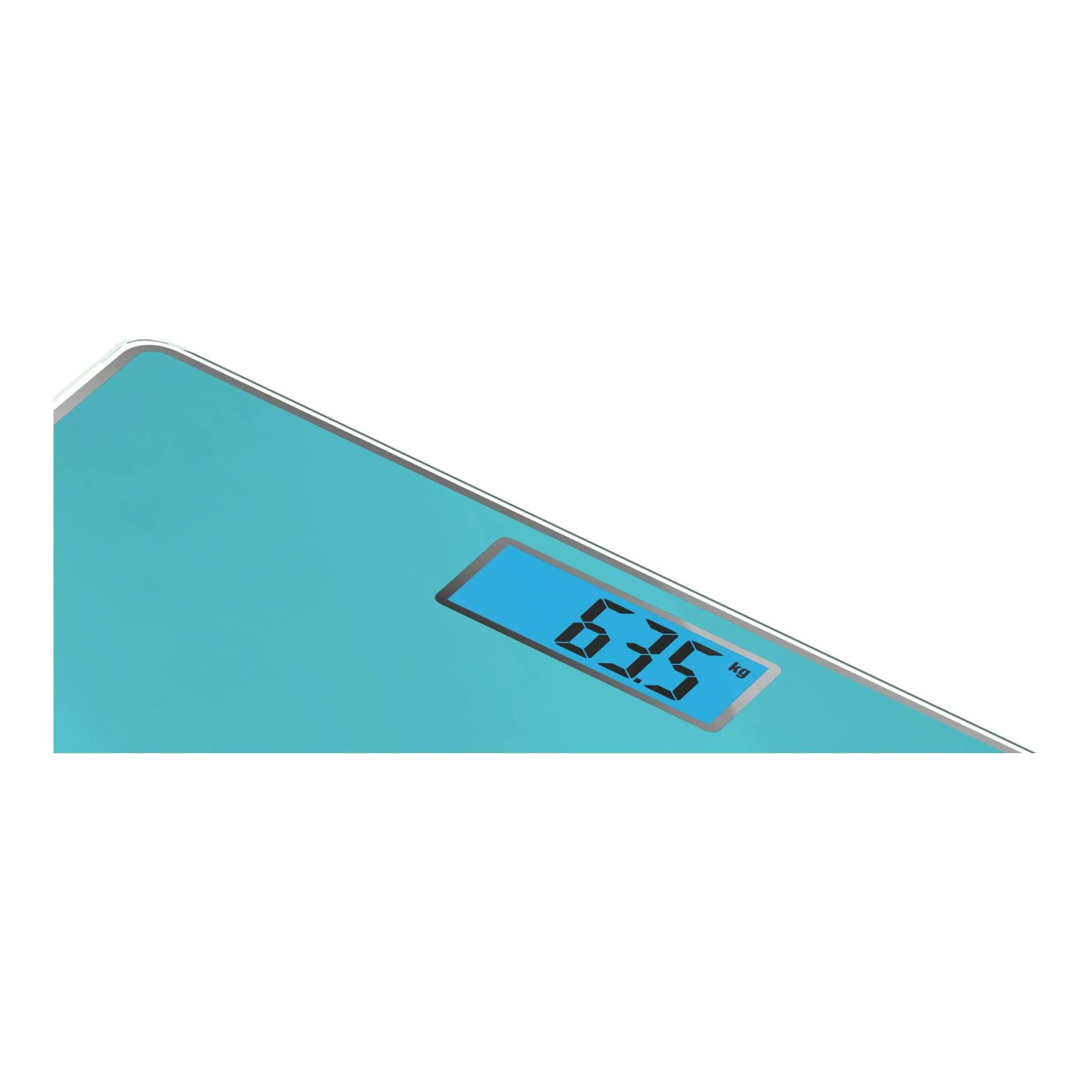 Báscula de baño digital Rowenta BS1500V0, vista en ángulo, color turquesa, con pantalla retroiluminada de 63,5 kg