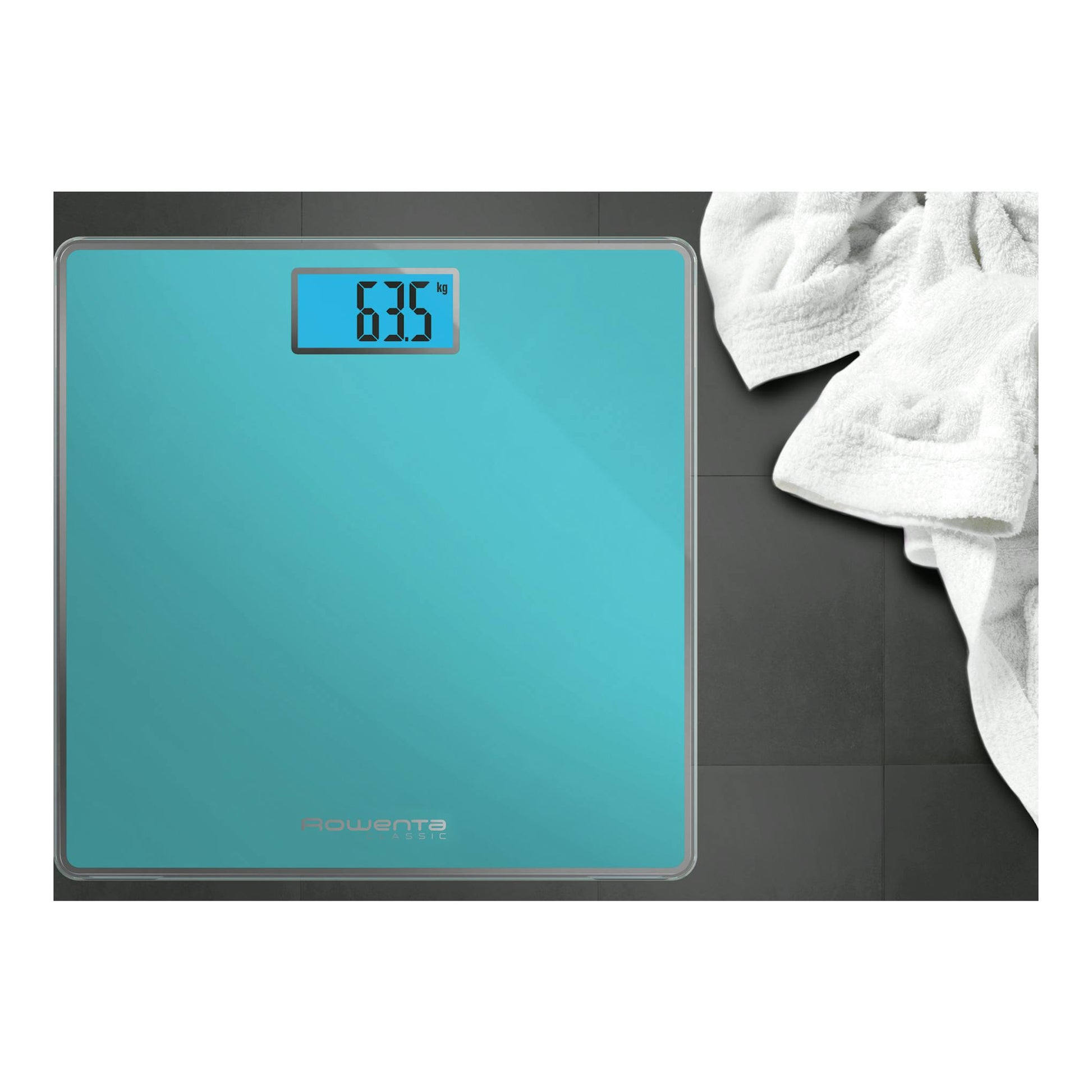 Báscula de baño digital Rowenta, vista superior, vidrio templado turquesa, pantalla iluminada con 63,5 kg.