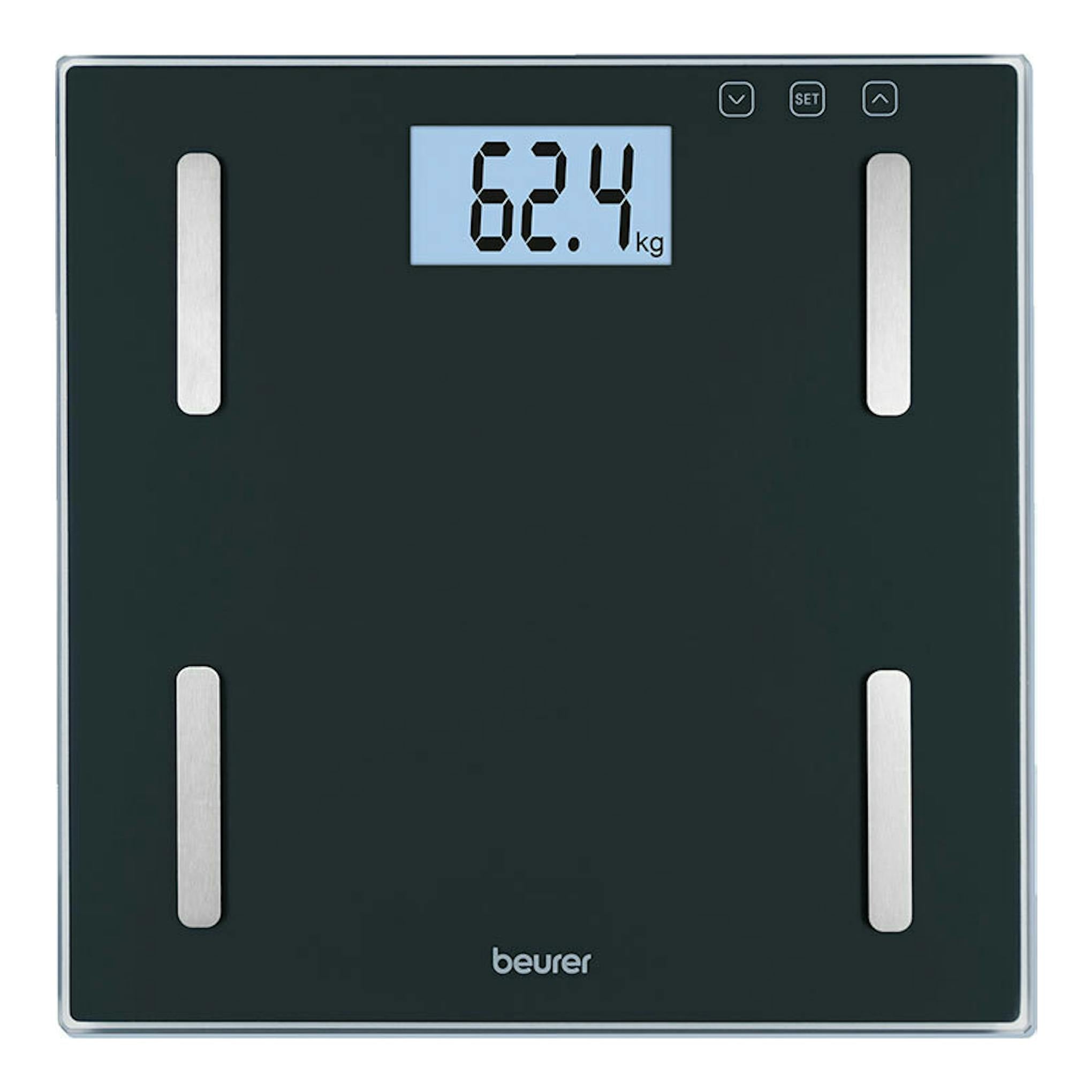 Báscula digital Beurer BF-180 negra, vista frontal, con pantalla LCD mostrando 62,4 kg.