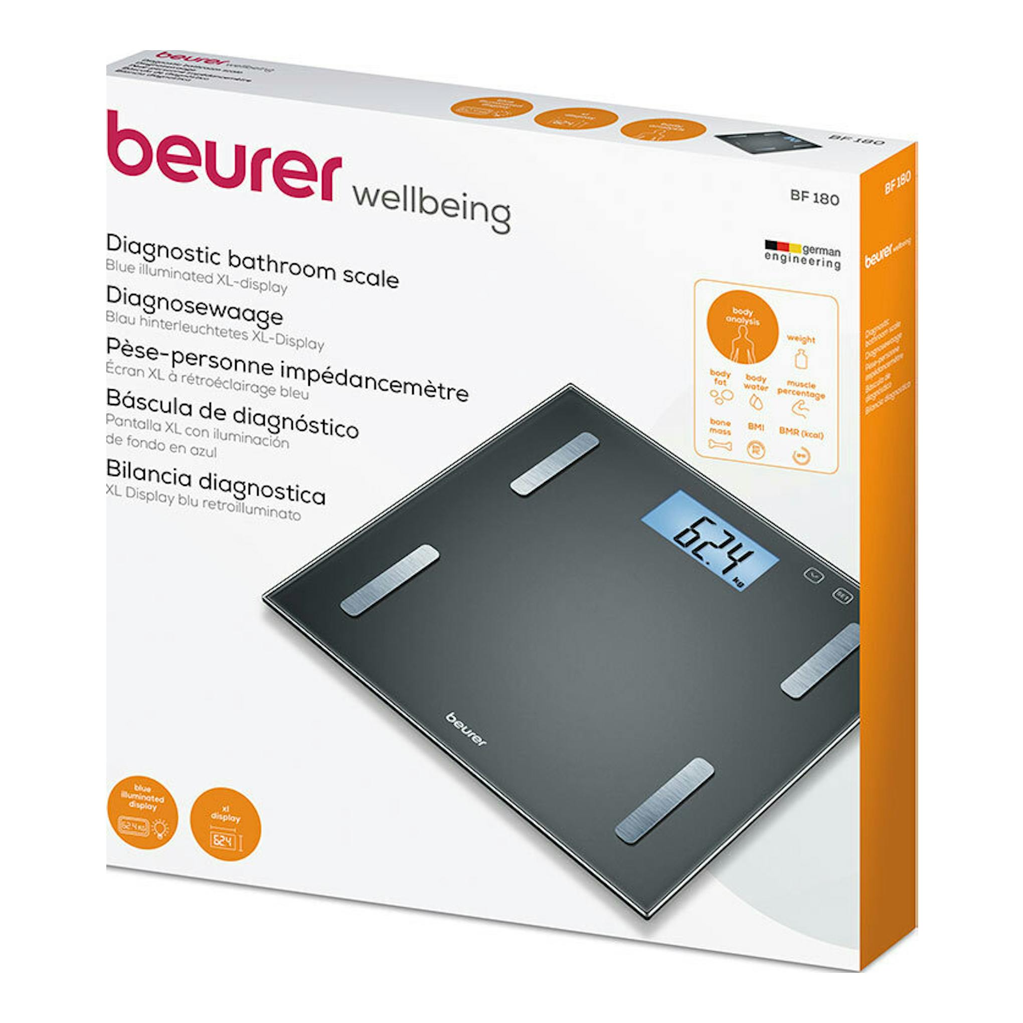 Caja de báscula diagnóstica Beurer BF 180, vista frontal en ángulo, con báscula negra y pantalla azul.
