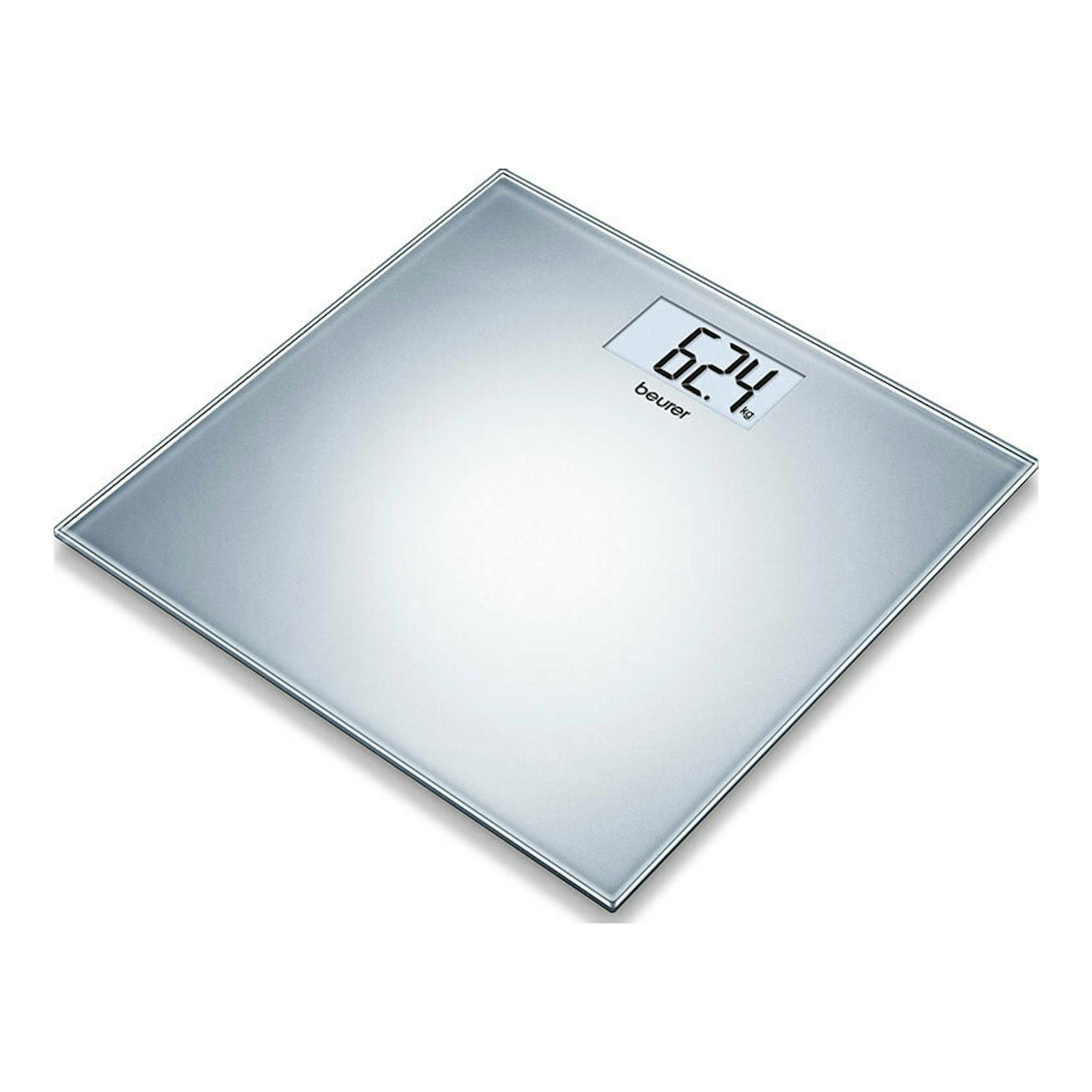Báscula digital Beurer GS-202 plateada, vista en ángulo superior, con pantalla mostrando 62,4 kg.