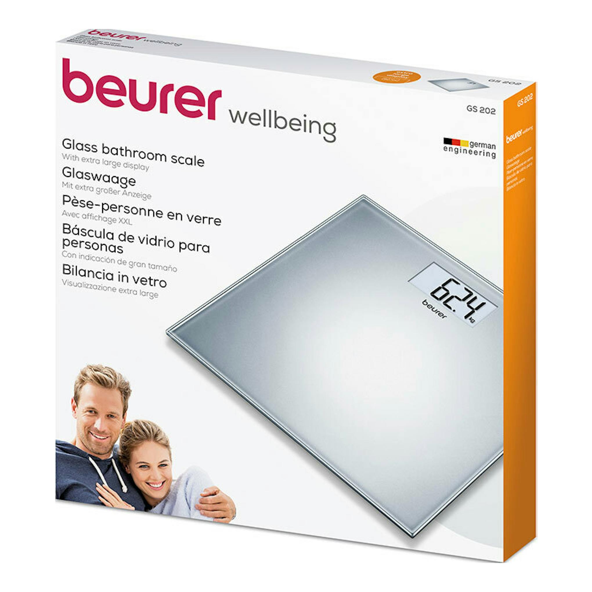 Caja frontal de báscula de baño de vidrio Beurer GS 202, blanca, con escala gris y display digital.