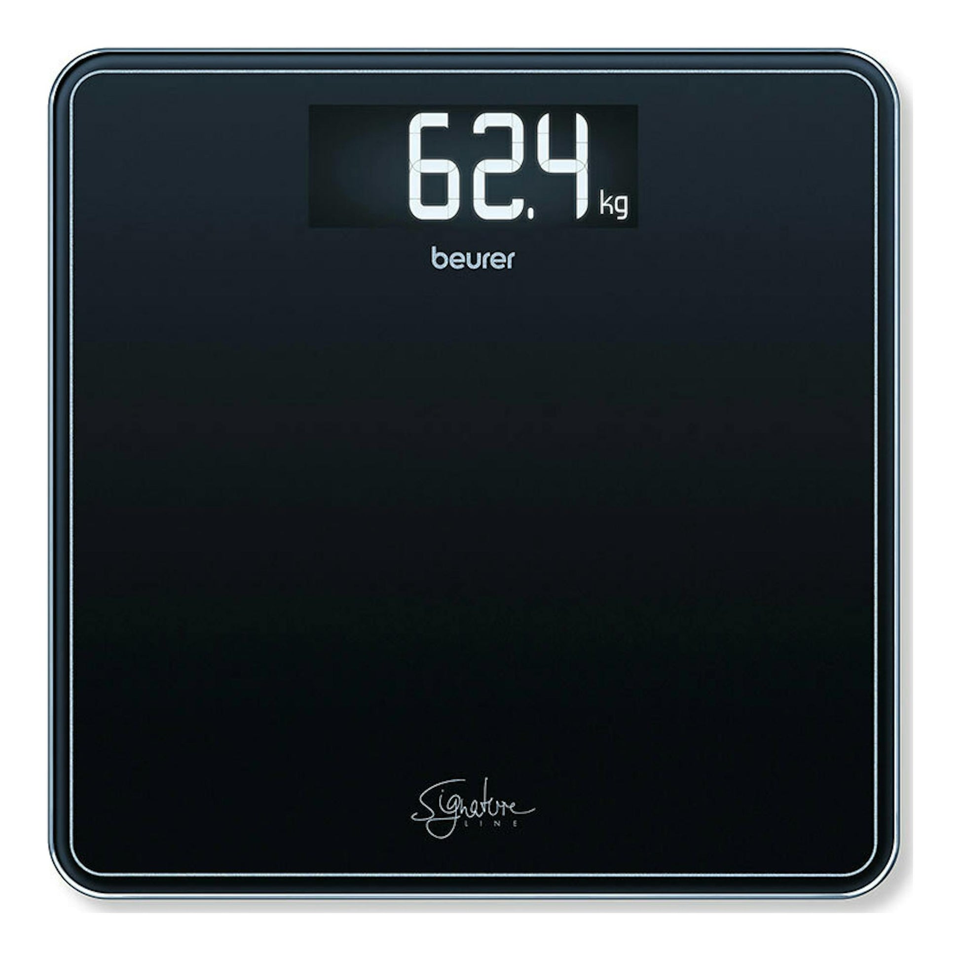 Báscula digital Beurer GS 400 negra, vista frontal, con pantalla superior mostrando 62,4 kg.