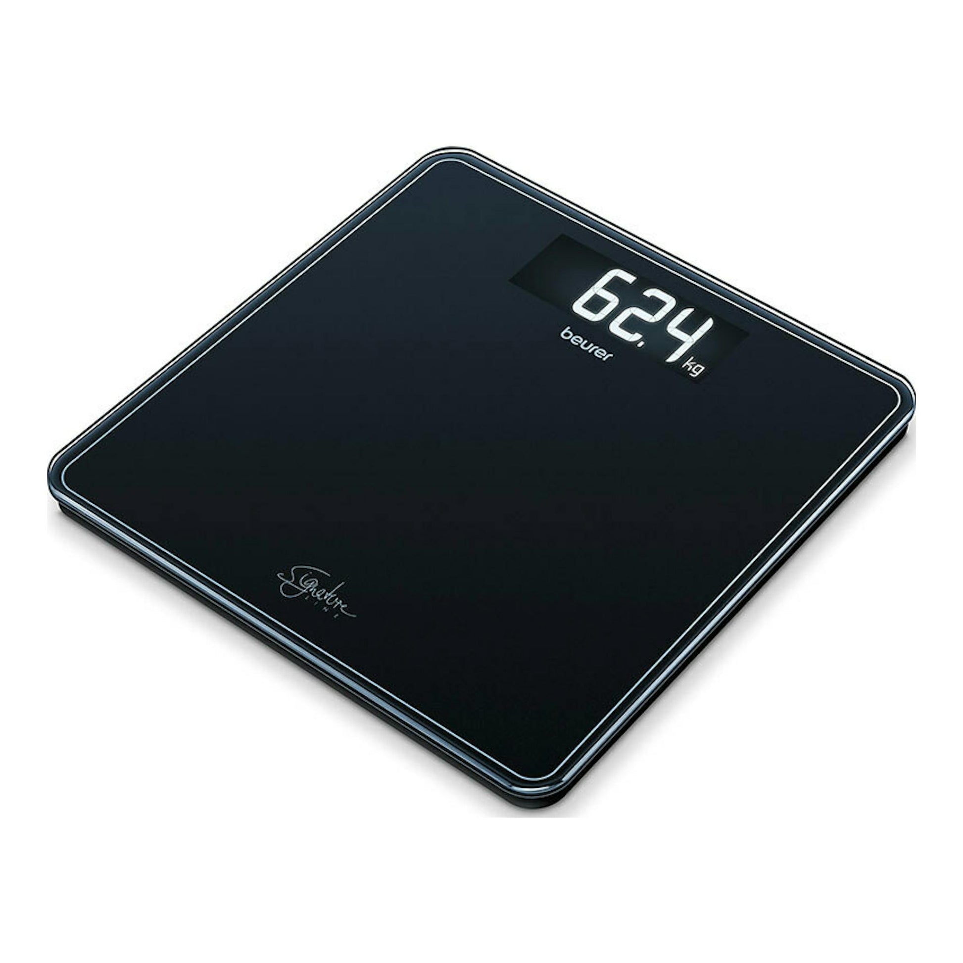 Báscula digital Beurer GS 400 negra, vista en ángulo, con pantalla iluminada marcando 62,4 kg.