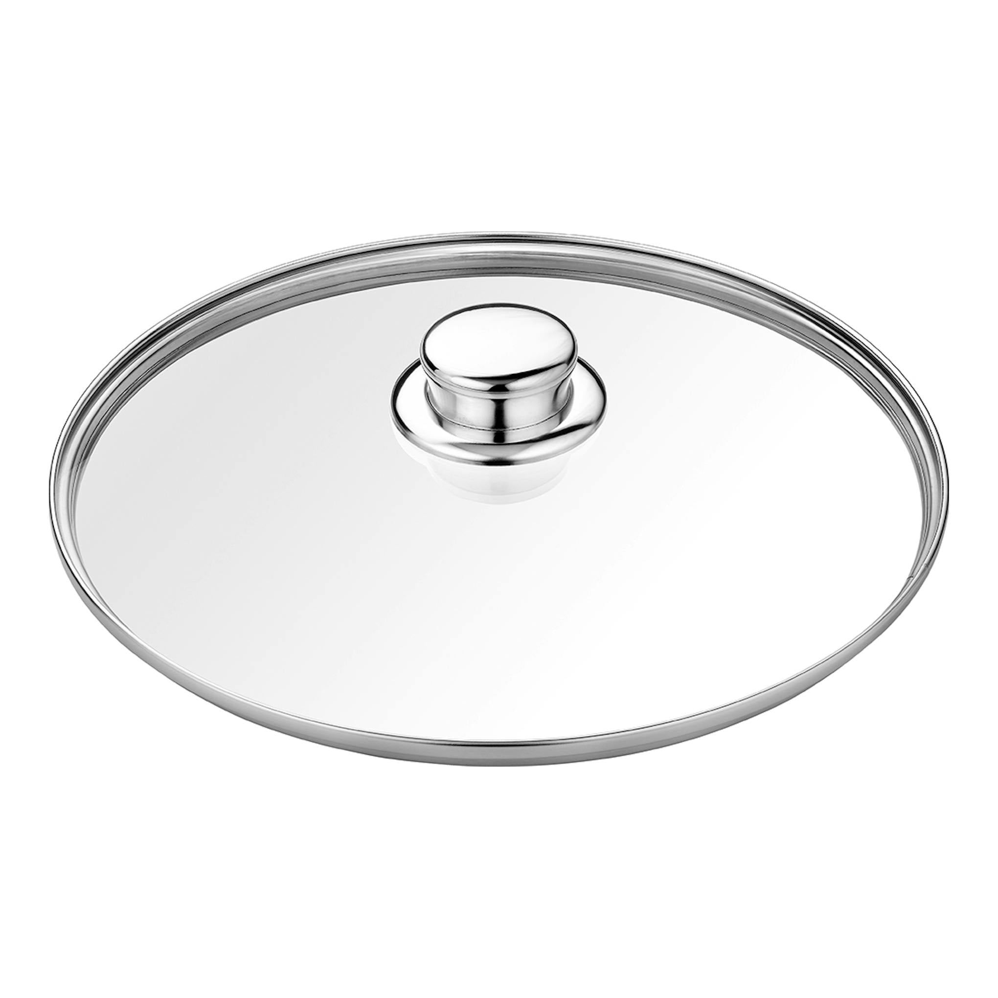 Tapa de cristal Bra Profesional, vista superior, con aro de acero inoxidable y pomo metálico.