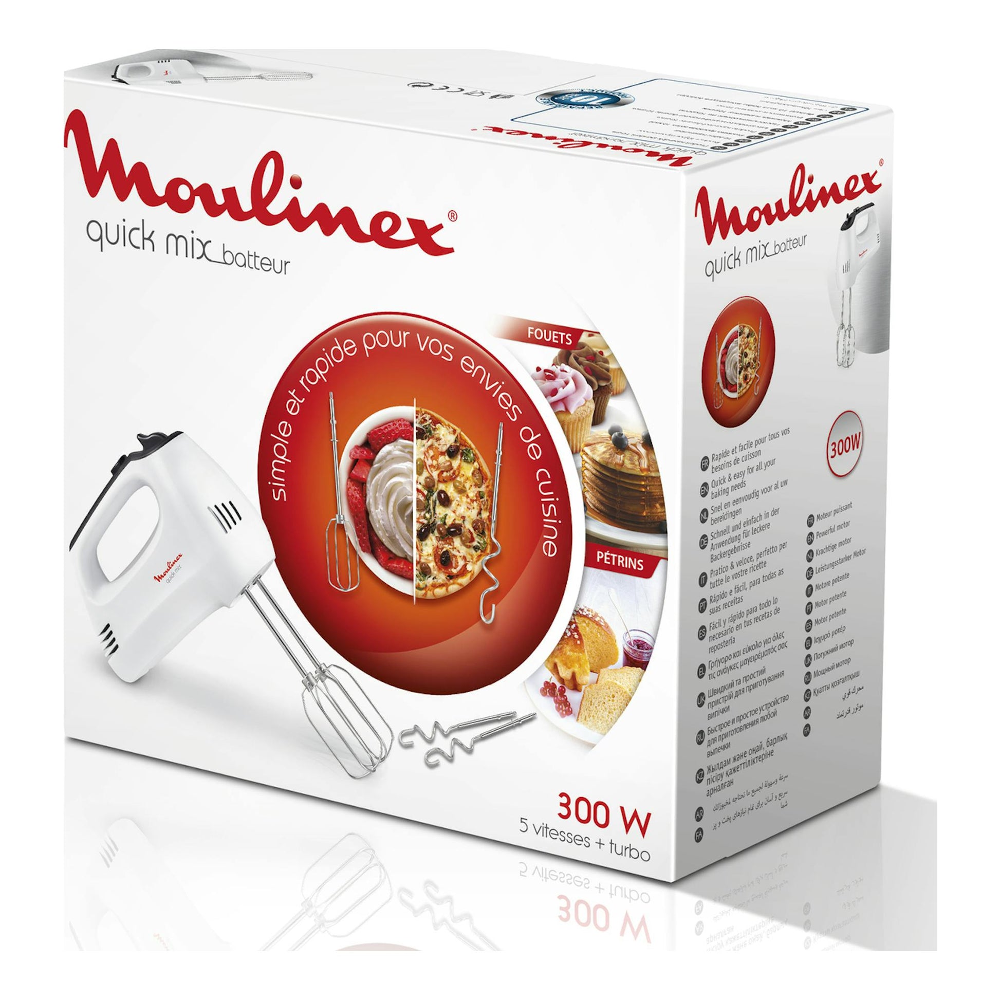 Caja de batidora amasadora Moulinex HM3101B1 blanca, vista en perspectiva con 300 W y 5 velocidades.