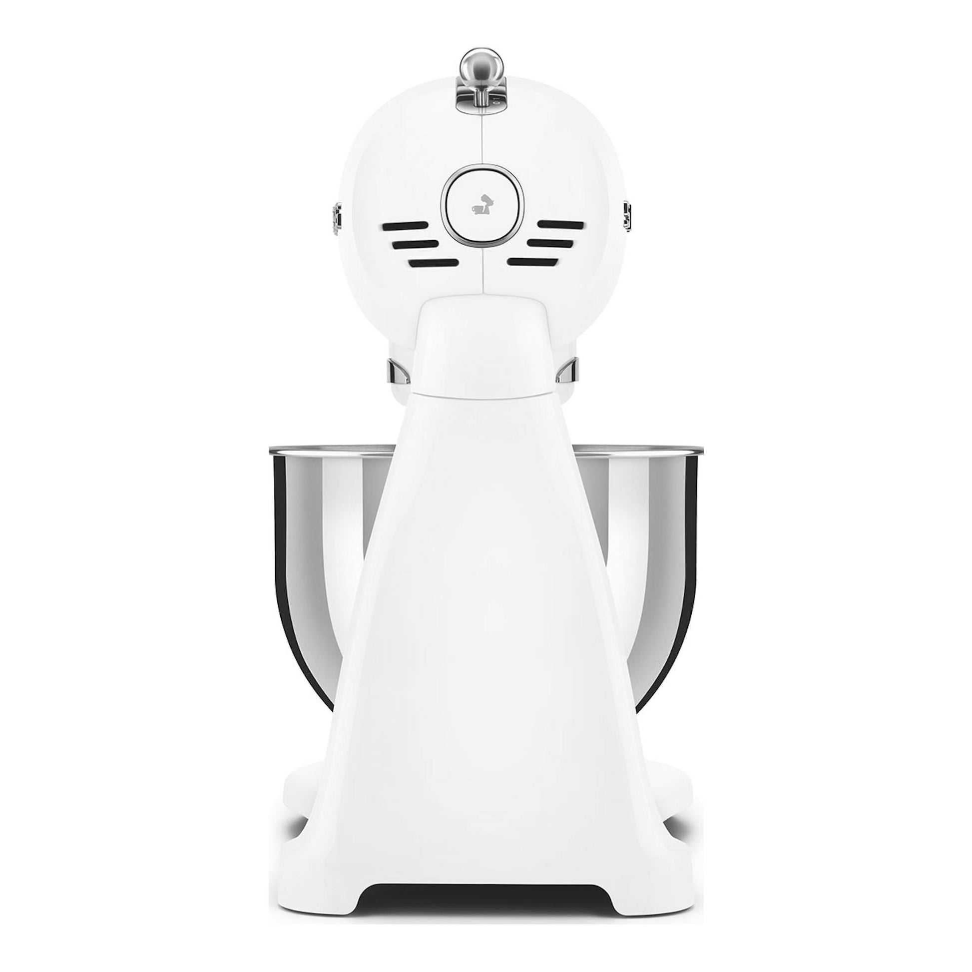 Batidora amasadora Smeg SMF03WHEU blanca, vista frontal, con bol de acero inoxidable.