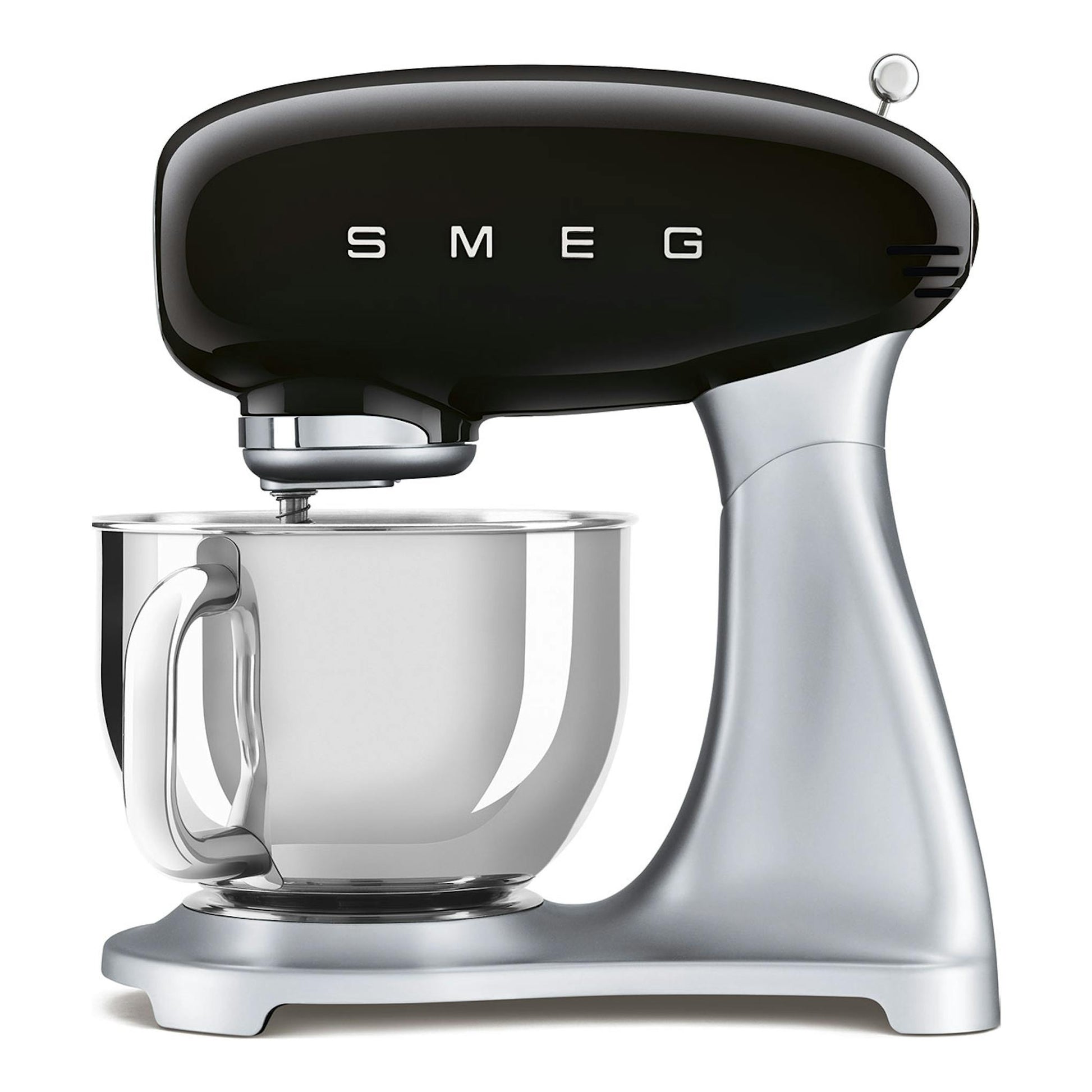 Batidora amasadora Smeg SMF04BLEU negra y plateada, vista lateral, con bol de acero inoxidable.