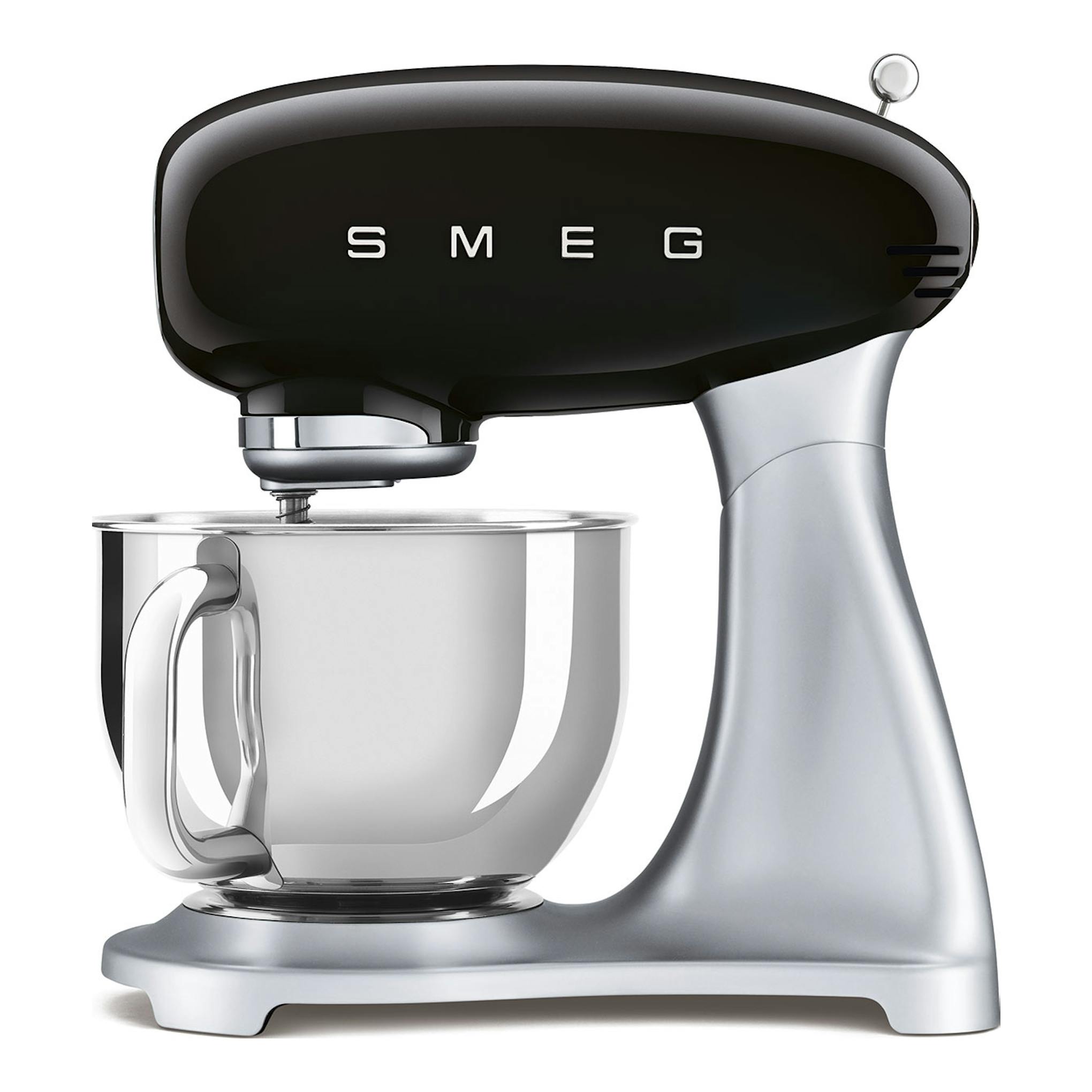 Batidora amasadora Smeg SMF04BLEU negra y plateada, vista lateral, con bol de acero inoxidable.