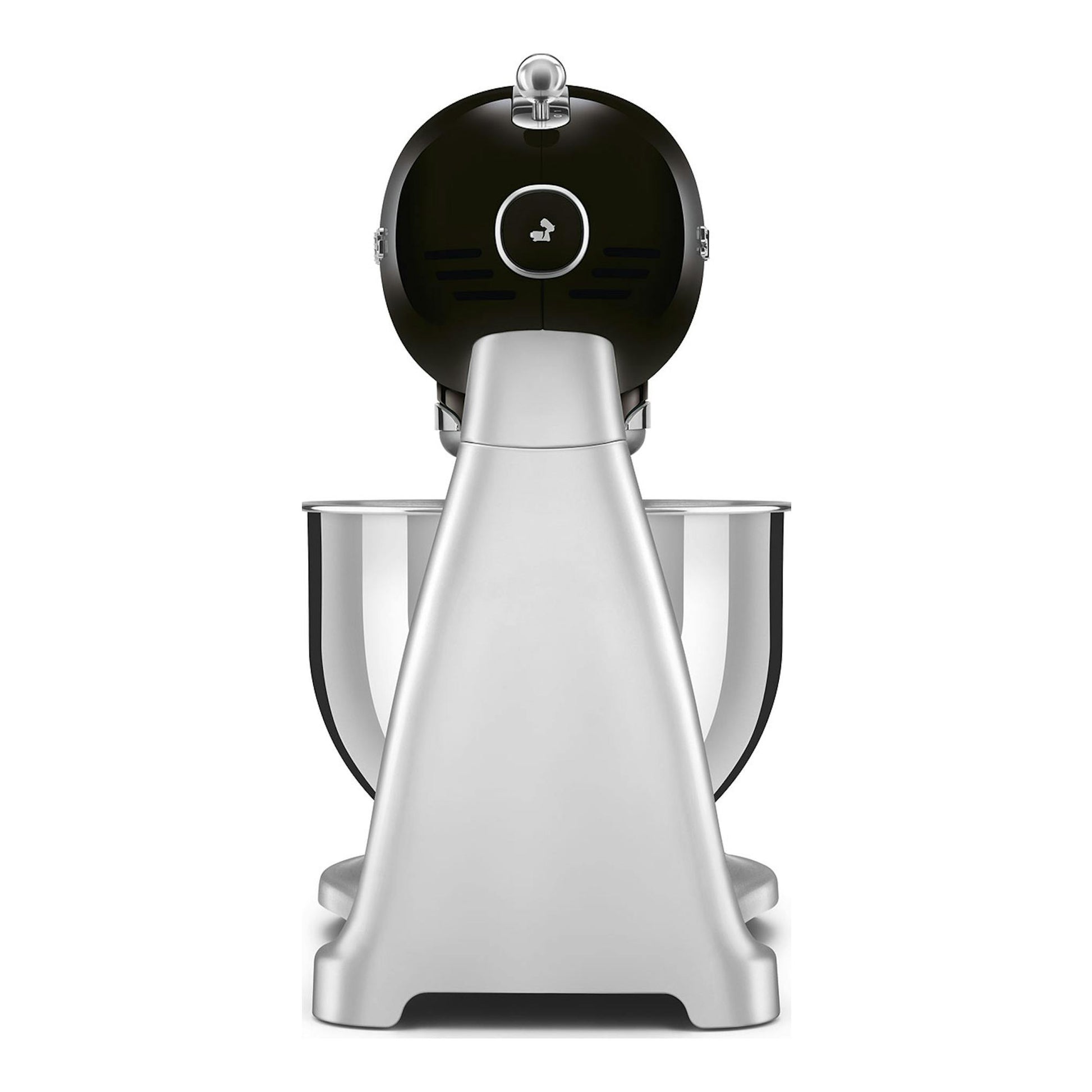 Batidora amasadora Smeg SMF04BLEU, frontal, negra y plateada, con bol de acero inoxidable.
