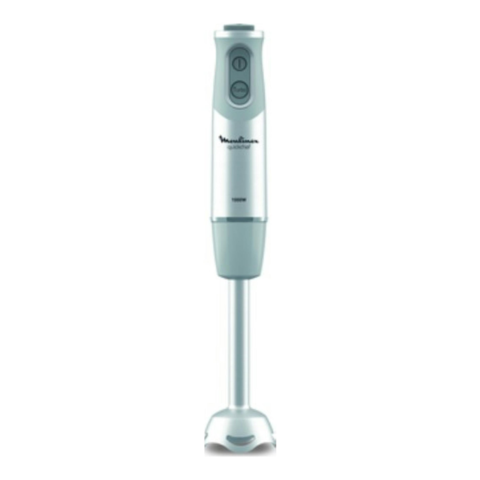 Batidora de mano Moulinex Quickchef DD65AD10, vista frontal, blanca y verde menta, con pie metálico.