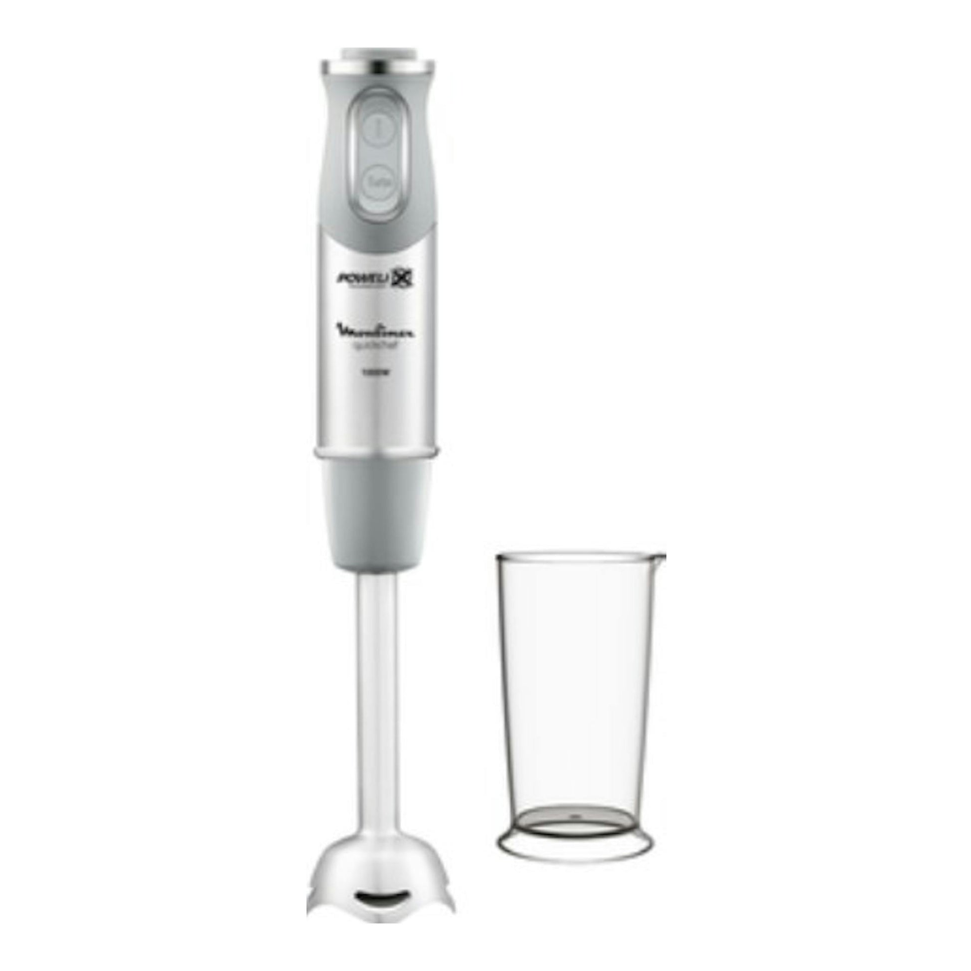 Batidora de mano Moulinex Quickchef DD65AD10, blanca y gris, con vaso medidor transparente, vista frontal.
