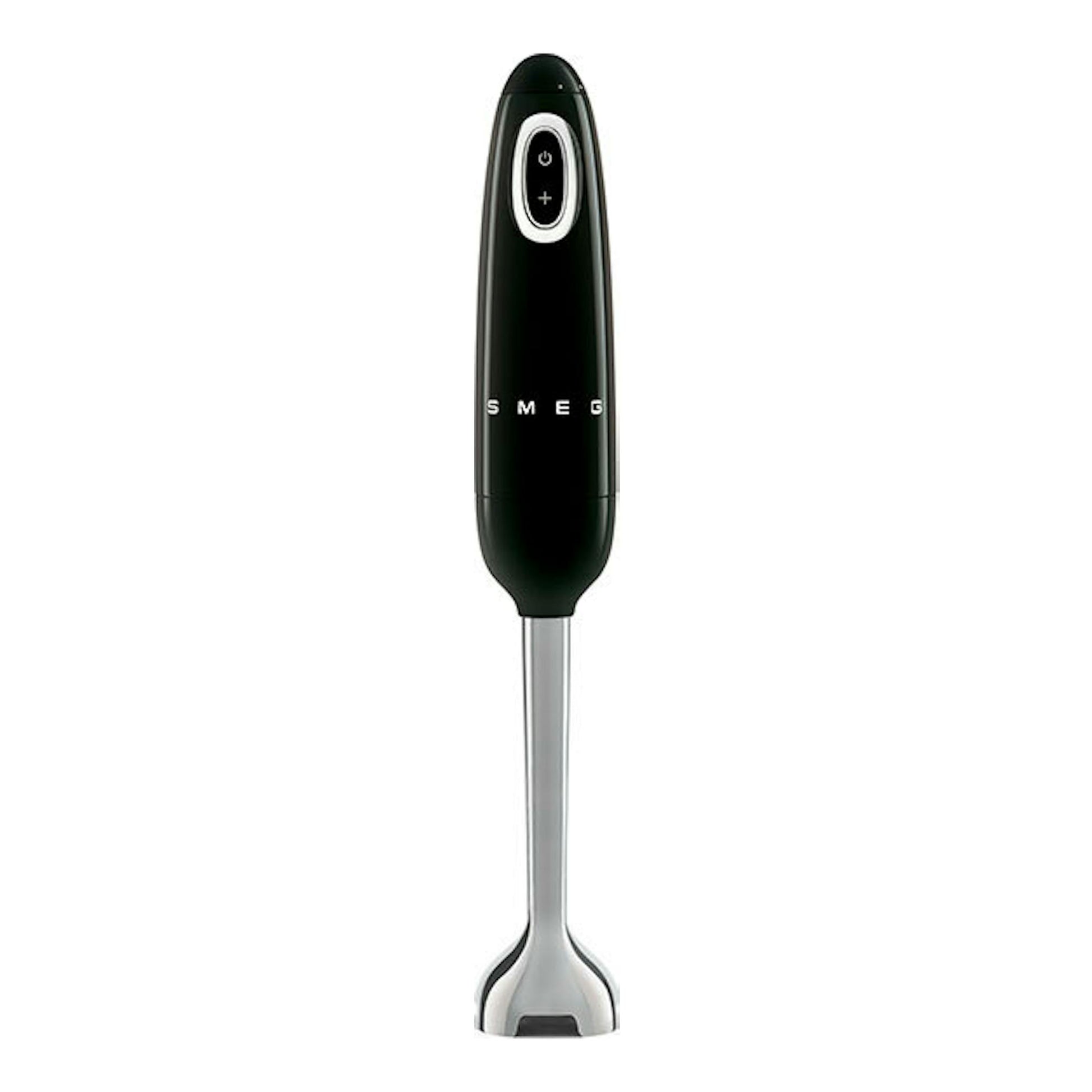 Batidora de mano Smeg HBF03BLEU negra, vista frontal, con pie metálico y cuerpo negro.
