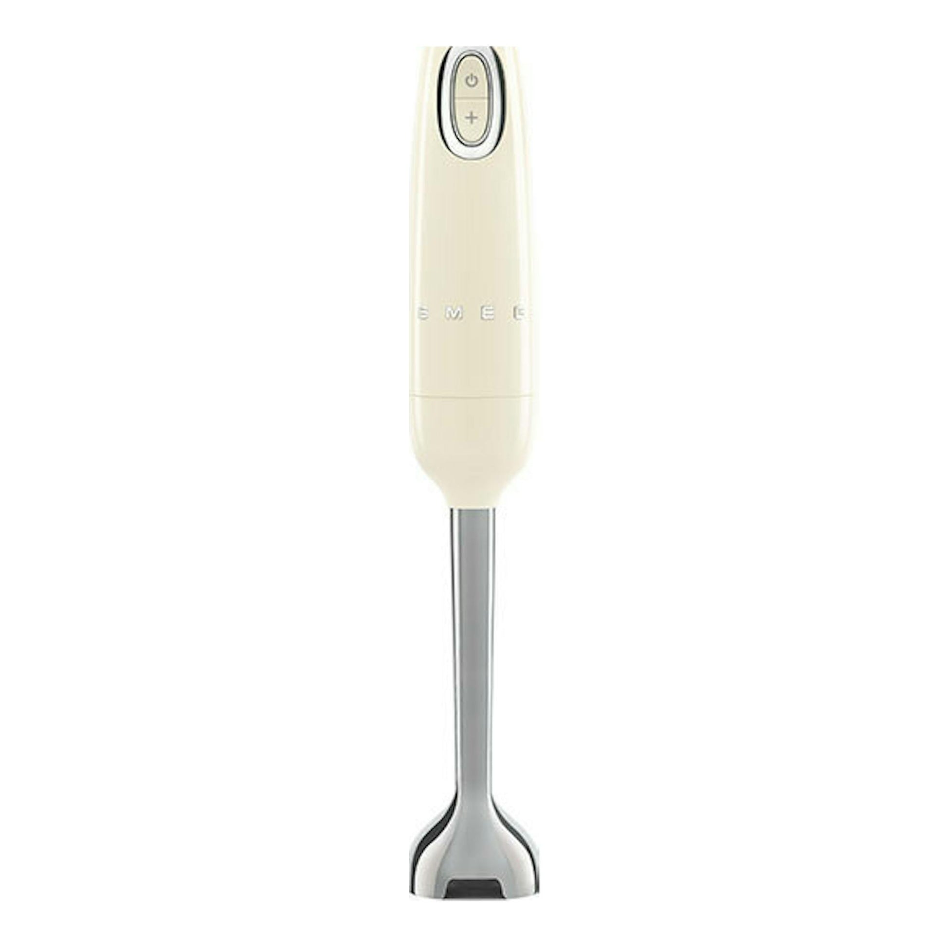 Batidora de mano Smeg HBF03CREU crema, vista frontal, con cuerpo beige y pie metálico.