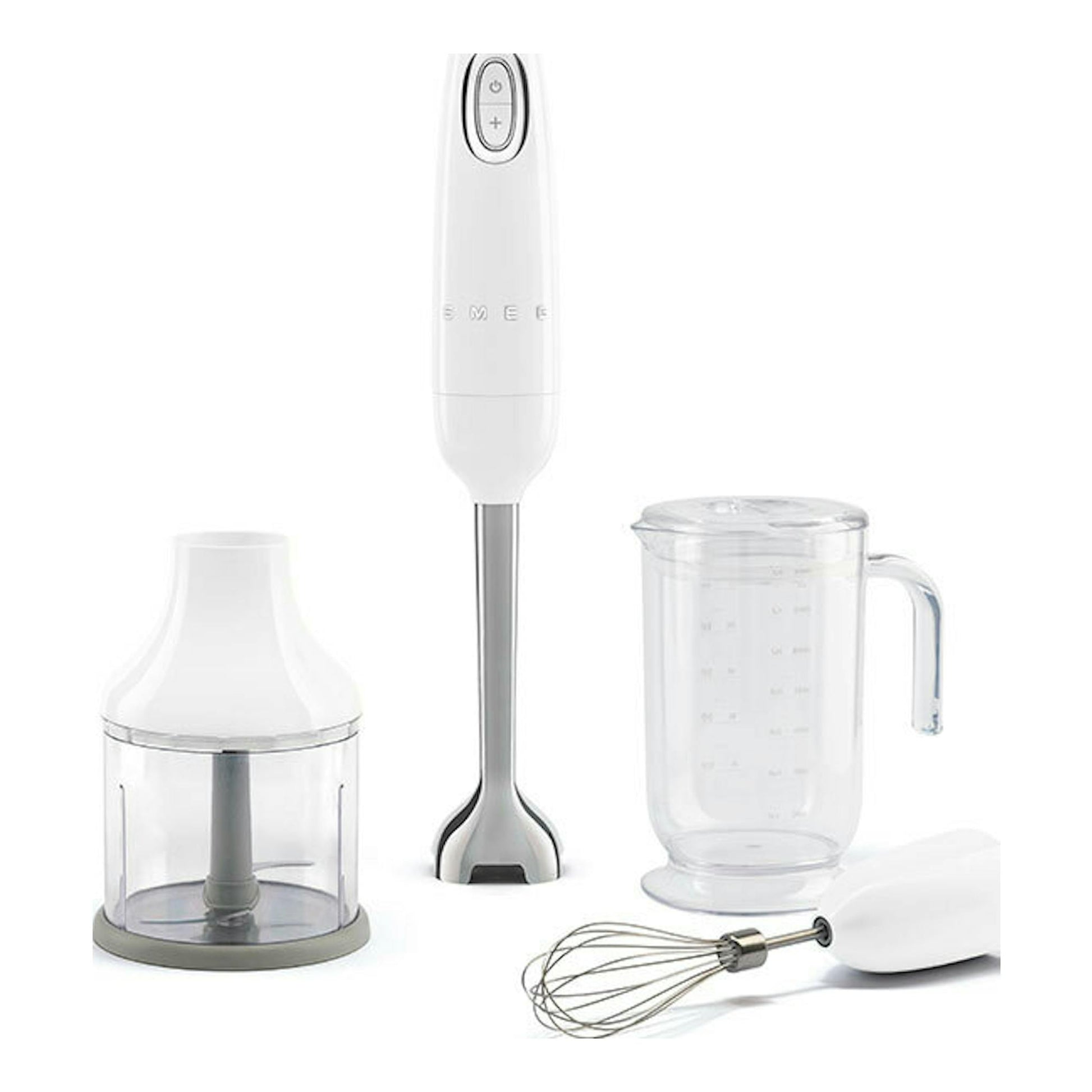 Batidora de mano Smeg HBF03WHEU blanca con vaso medidor, picadora y varillas, vista frontal.