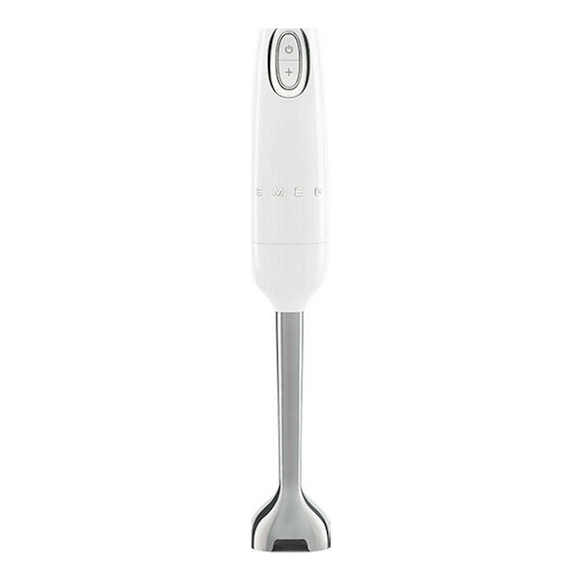 Batidora de mano Smeg HBF03WHEU blanca, vista frontal, con cuerpo blanco y varilla metálica.