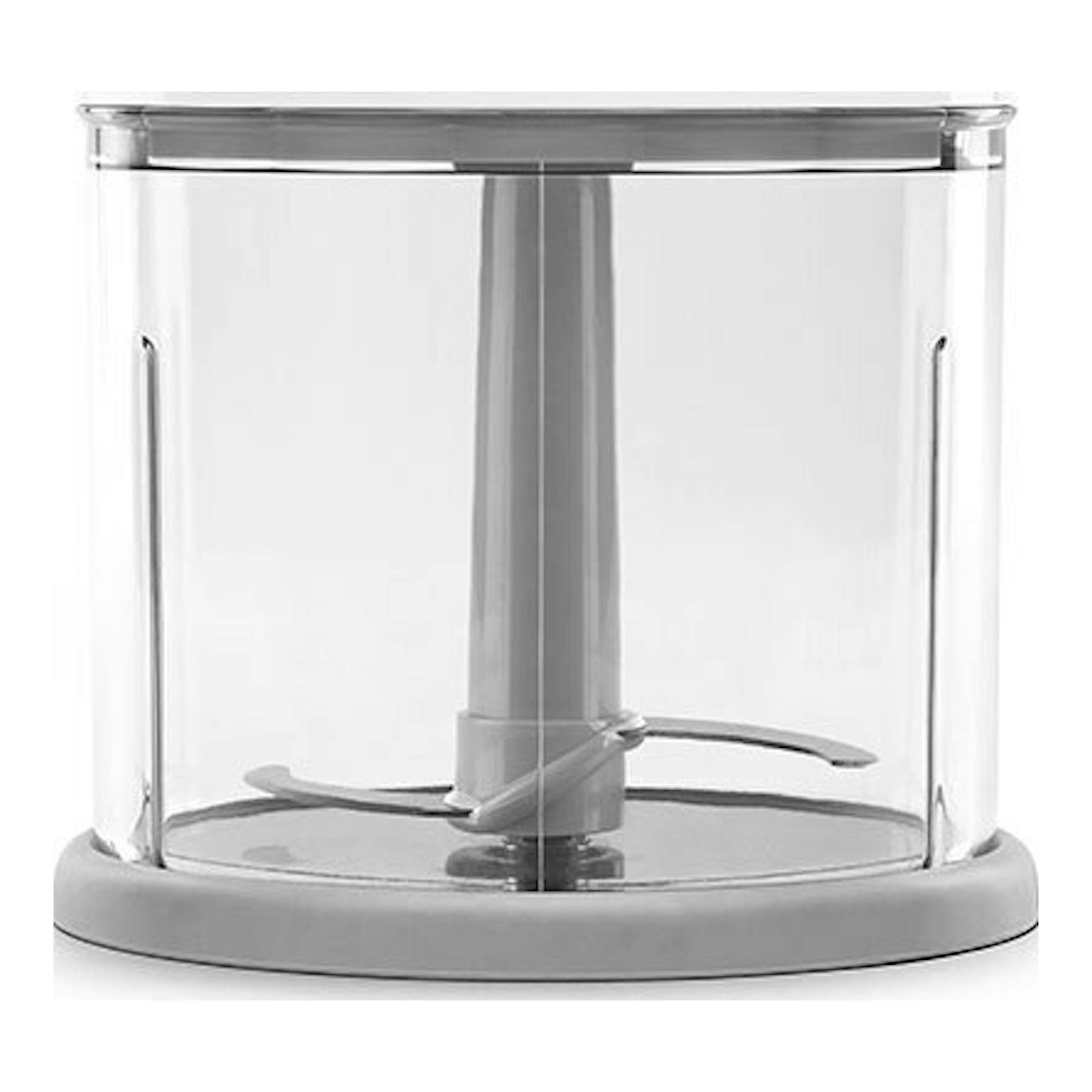 Batidora de mano Smeg HBF03WHEU blanca, vista frontal con accesorio de vaso transparente y base gris.