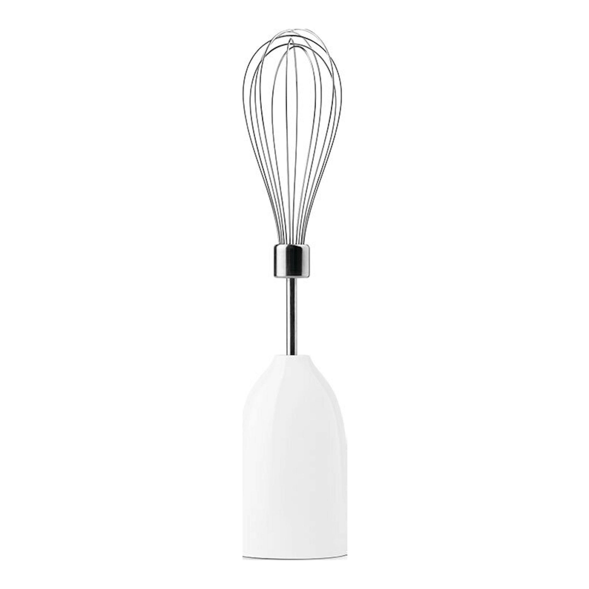 Batidora de mano Smeg HBF03WHEU blanca, vista frontal, con varilla y batidor de alambres metálico.
