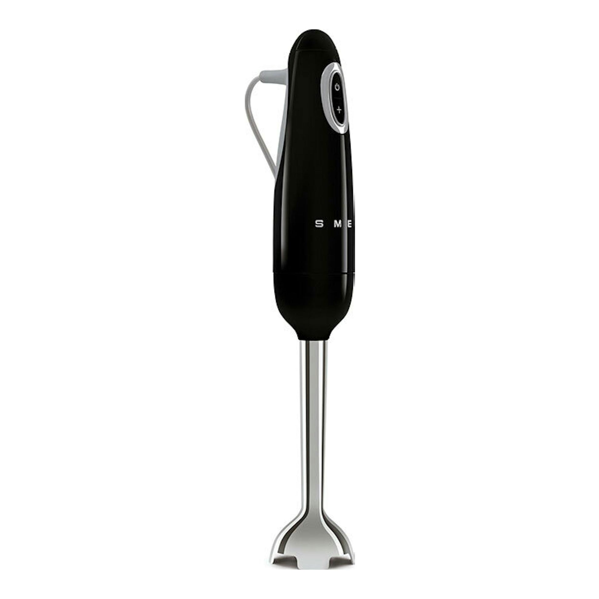 Batidora de mano Smeg HBF11BLEU negra, vista frontal, con pie metálico y cable gris.