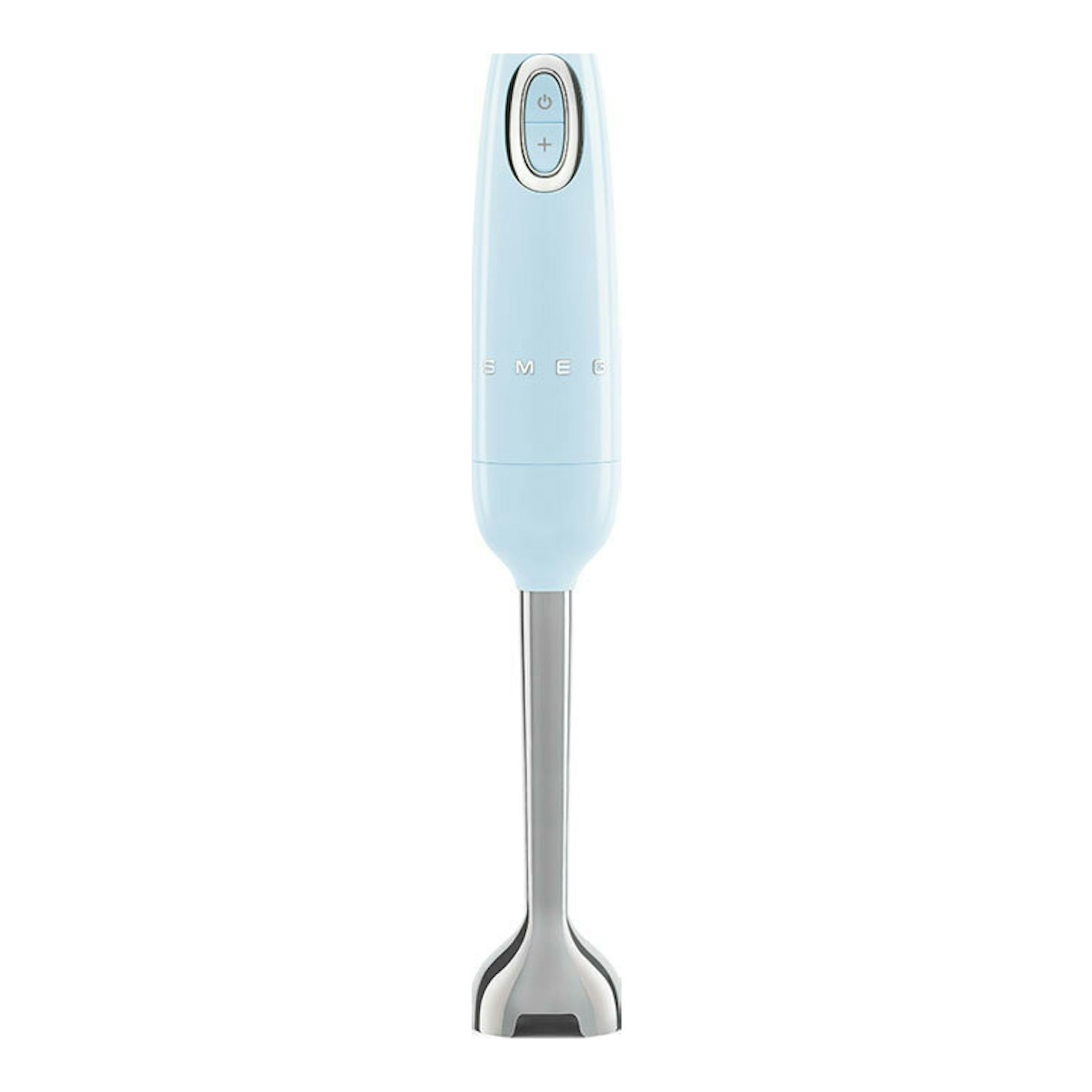 Batidora de mano Smeg HBF11PBEU azul claro, vista frontal, con cuerpo metálico y pie de acero.