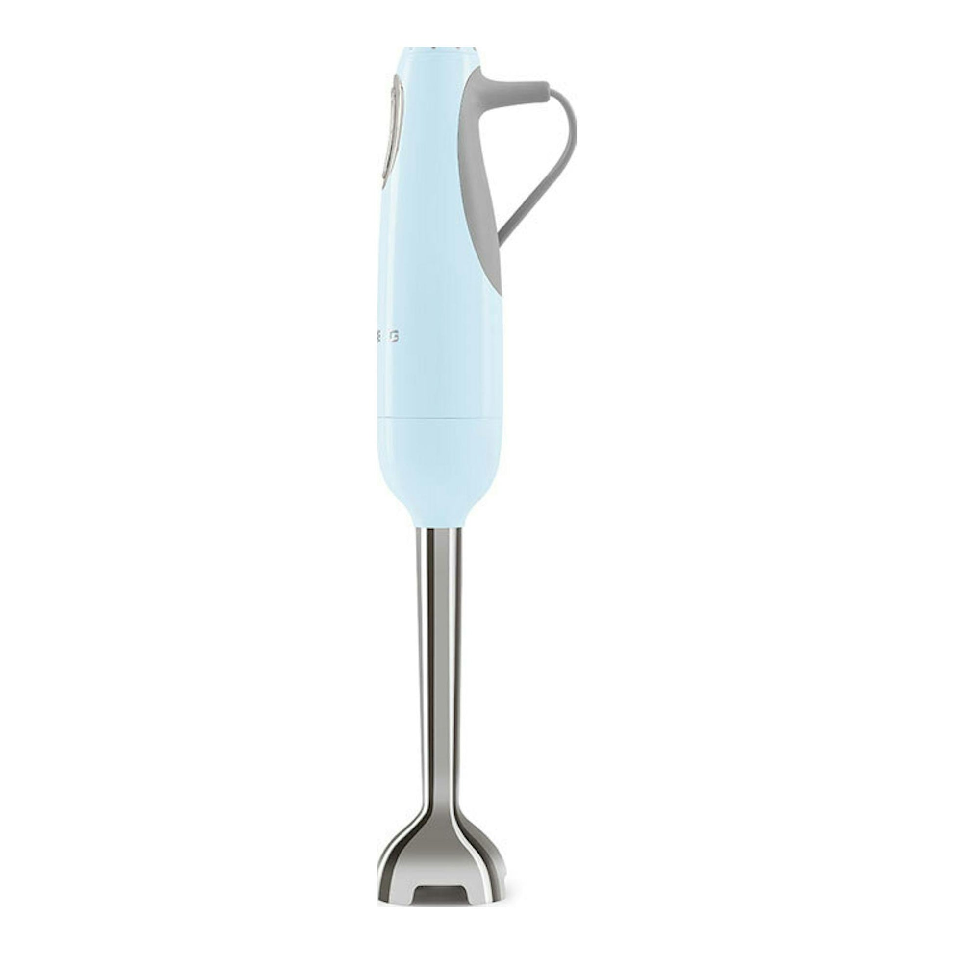 Batidora de mano Smeg HBF11PBEU azul claro, vista frontal, con mango gris y brazo metálico.