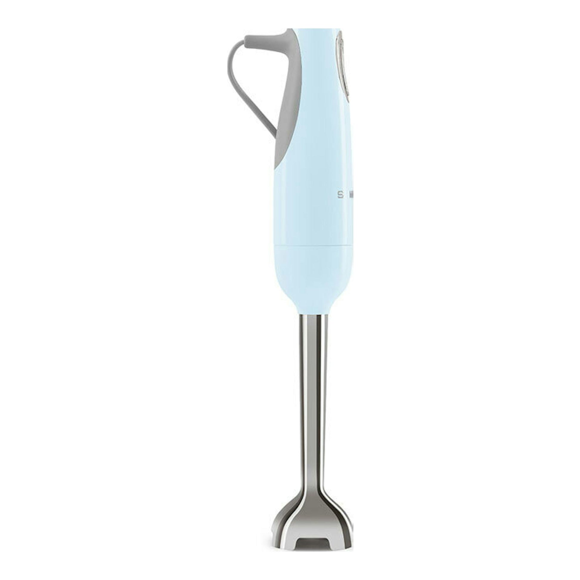 Batidora de mano Smeg HBF11PBEU azul claro, vista lateral, con pie metálico y cuerpo ergonómico.