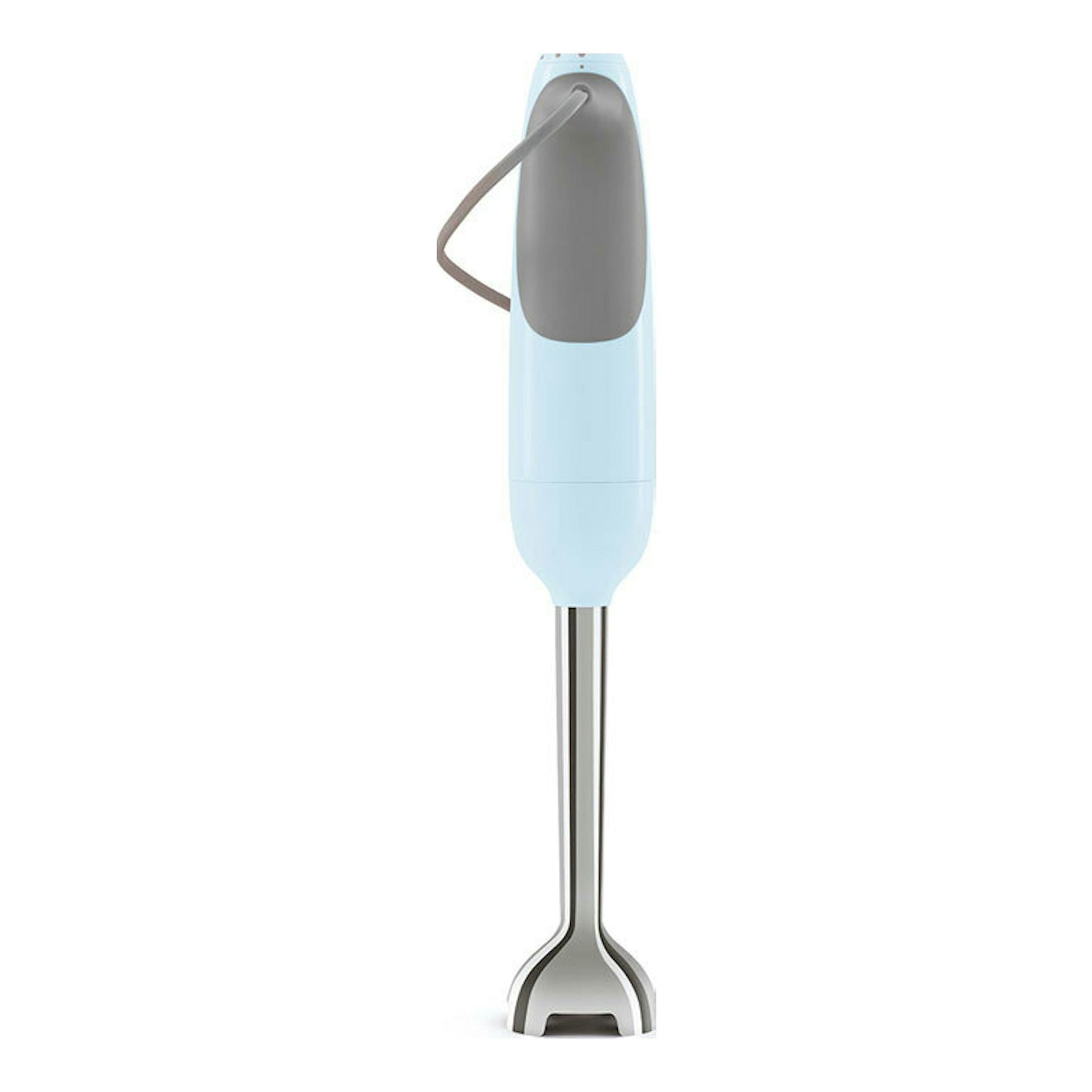 Batidora de mano Smeg HBF11PBEU azul claro, vista frontal, con cuerpo gris y varilla de acero.