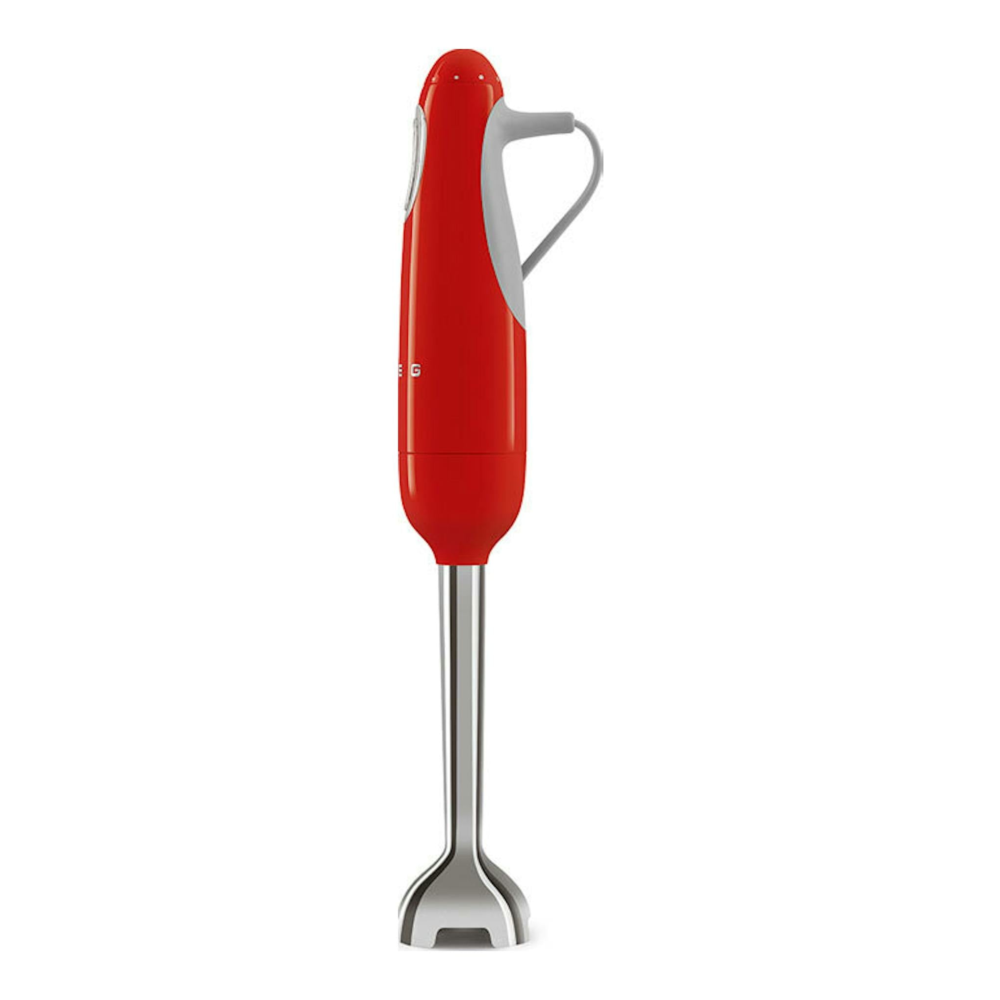 Batidora de mano Smeg HBF11RDEU roja, vista frontal, con brazo de acero inoxidable y mango gris.