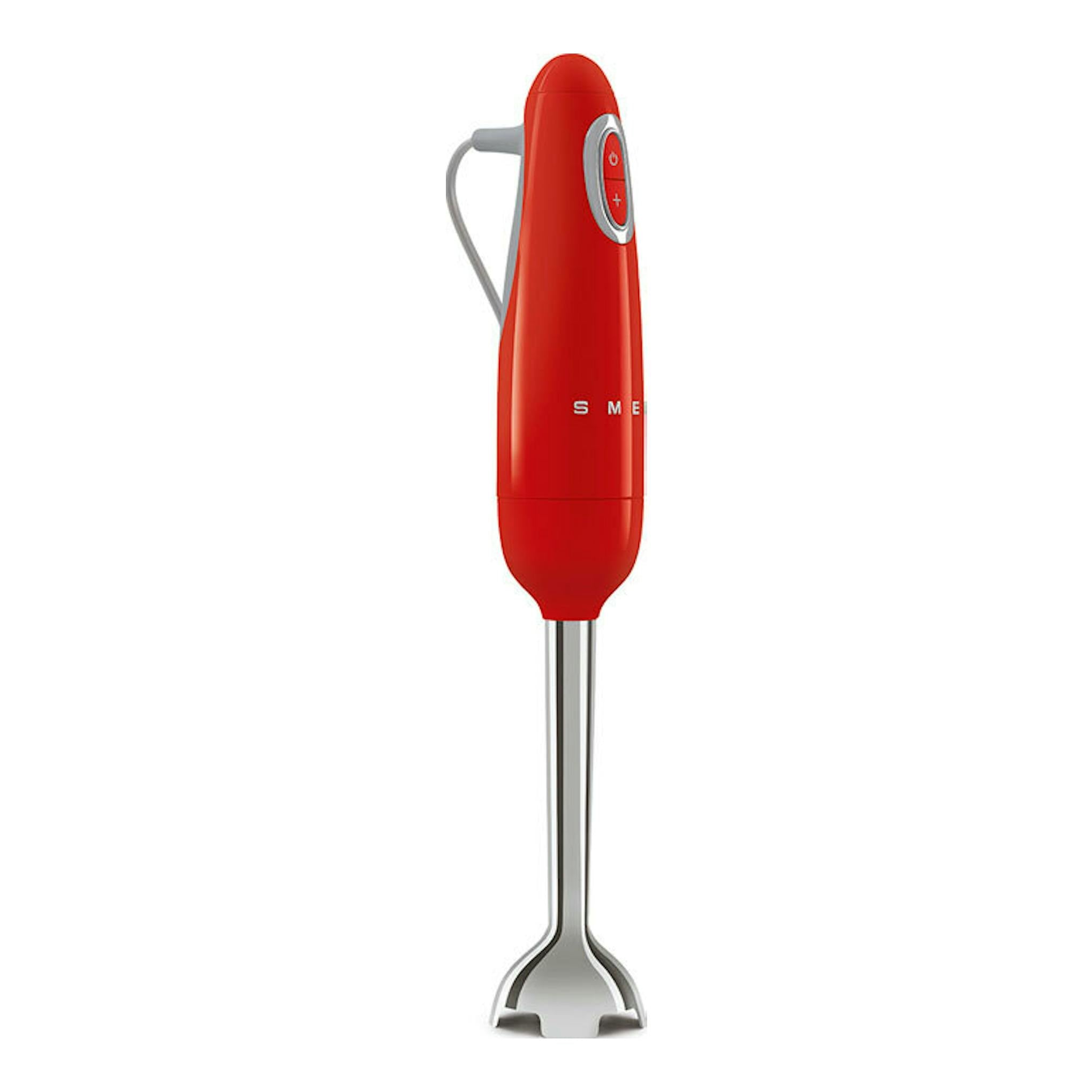 Batidora de mano Smeg HBF11RDEU roja, vista frontal, con pie metálico y cable gris.