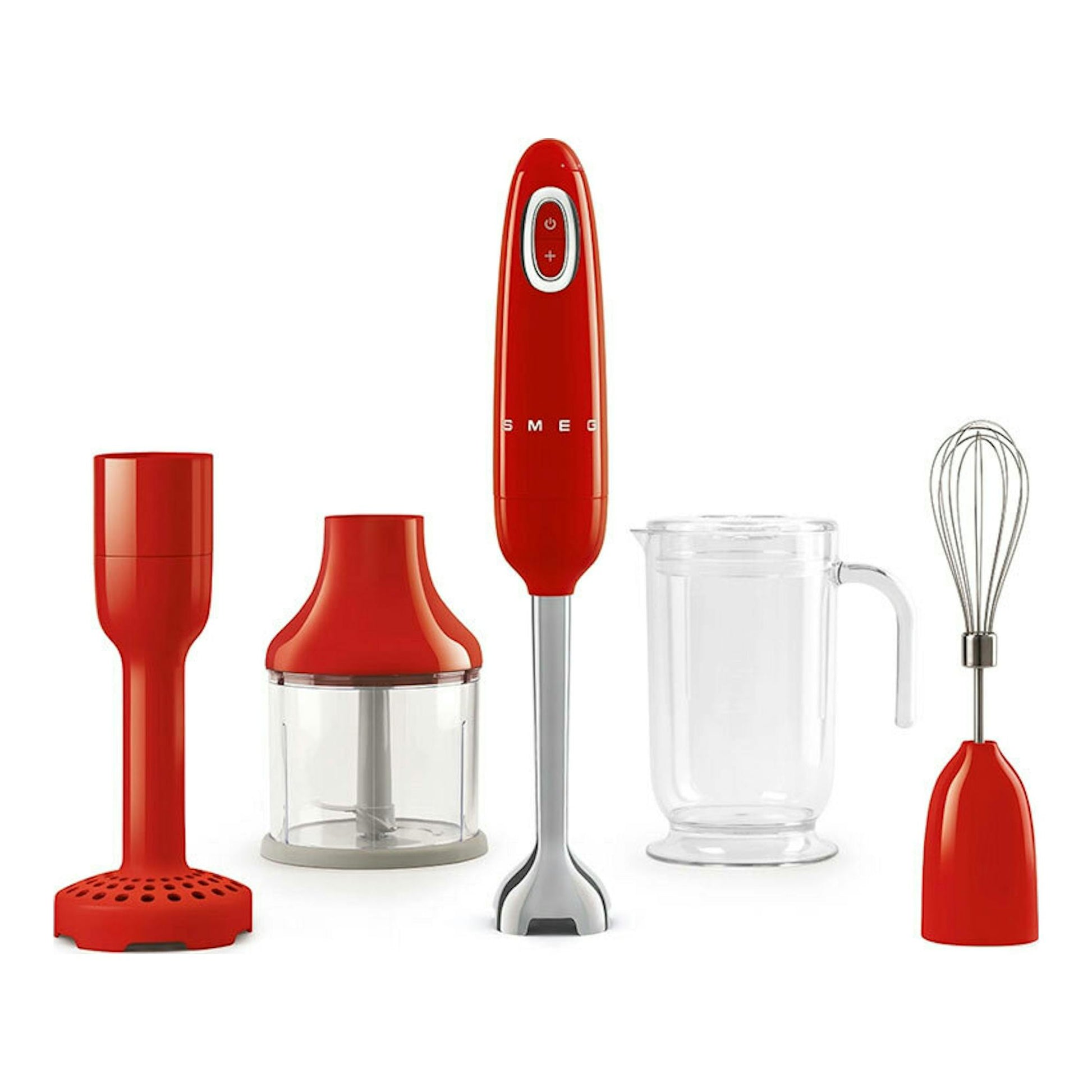 Smeg HBF22RDEU, batidora de mano roja con accesorios y vaso medidor, vista frontal sobre fondo blanco.