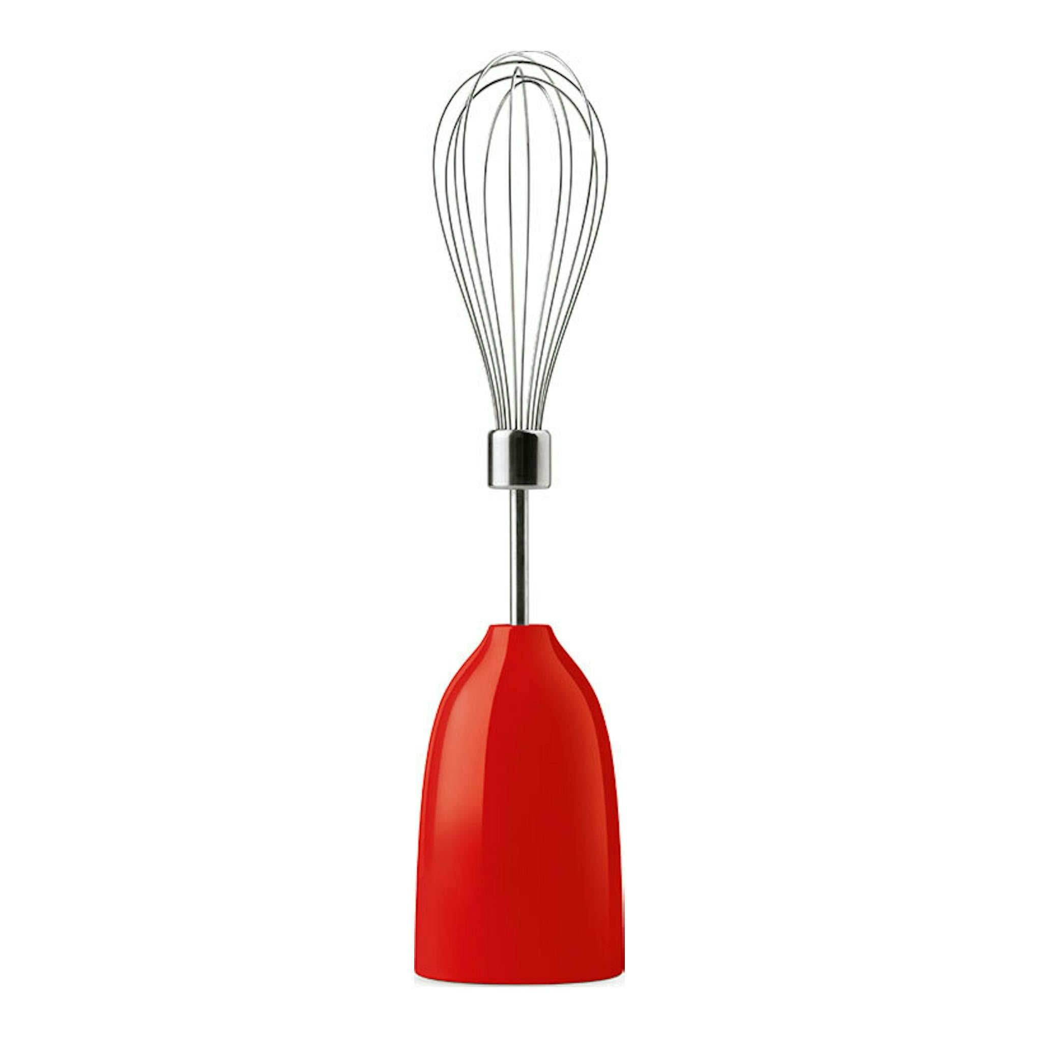 Batidora de mano Smeg HBF22RDEU roja, vista frontal, con varillas metálicas y cuerpo rojo.