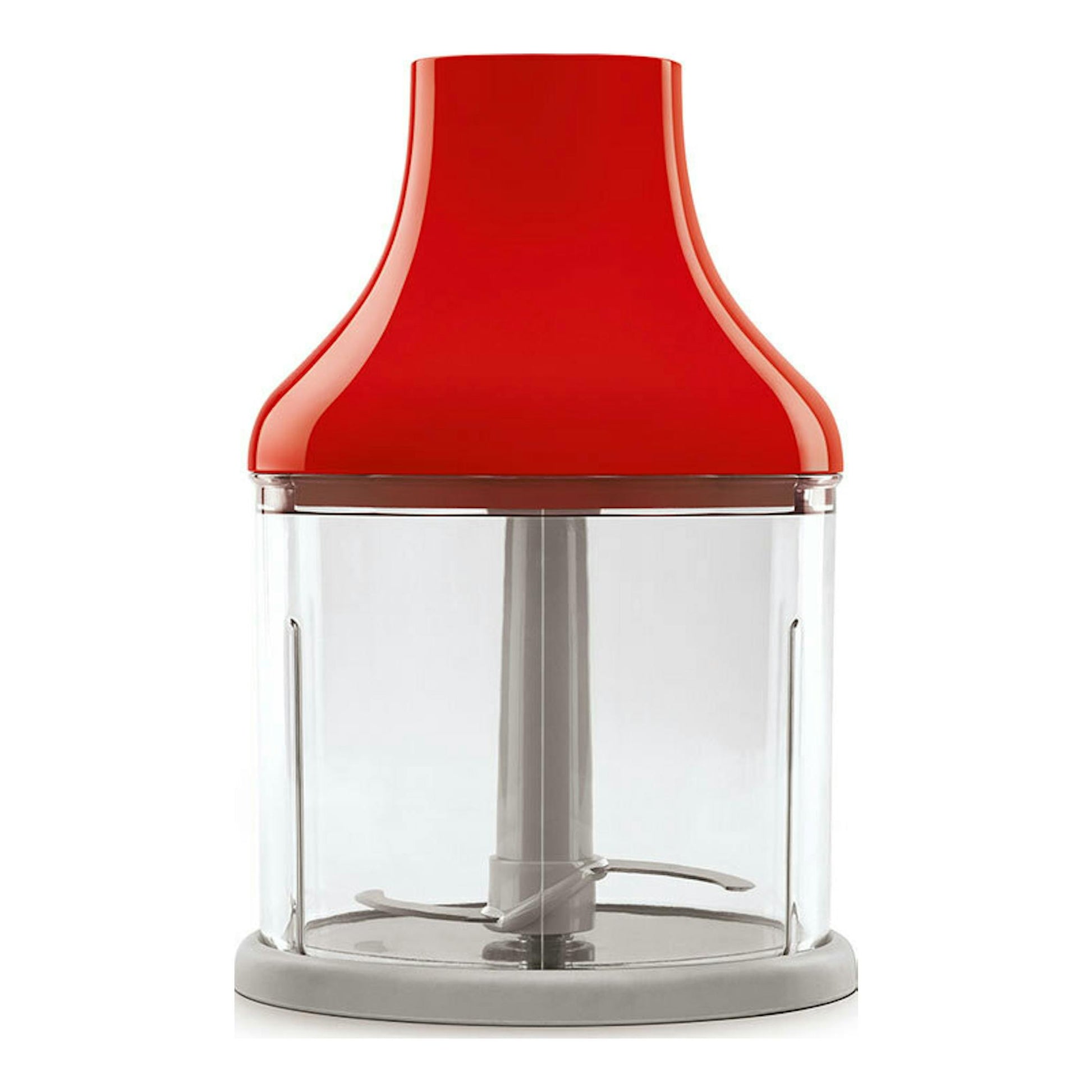 Smeg HBF22RDEU, batidora de mano roja, vista frontal con vaso transparente y cuchillas visibles.