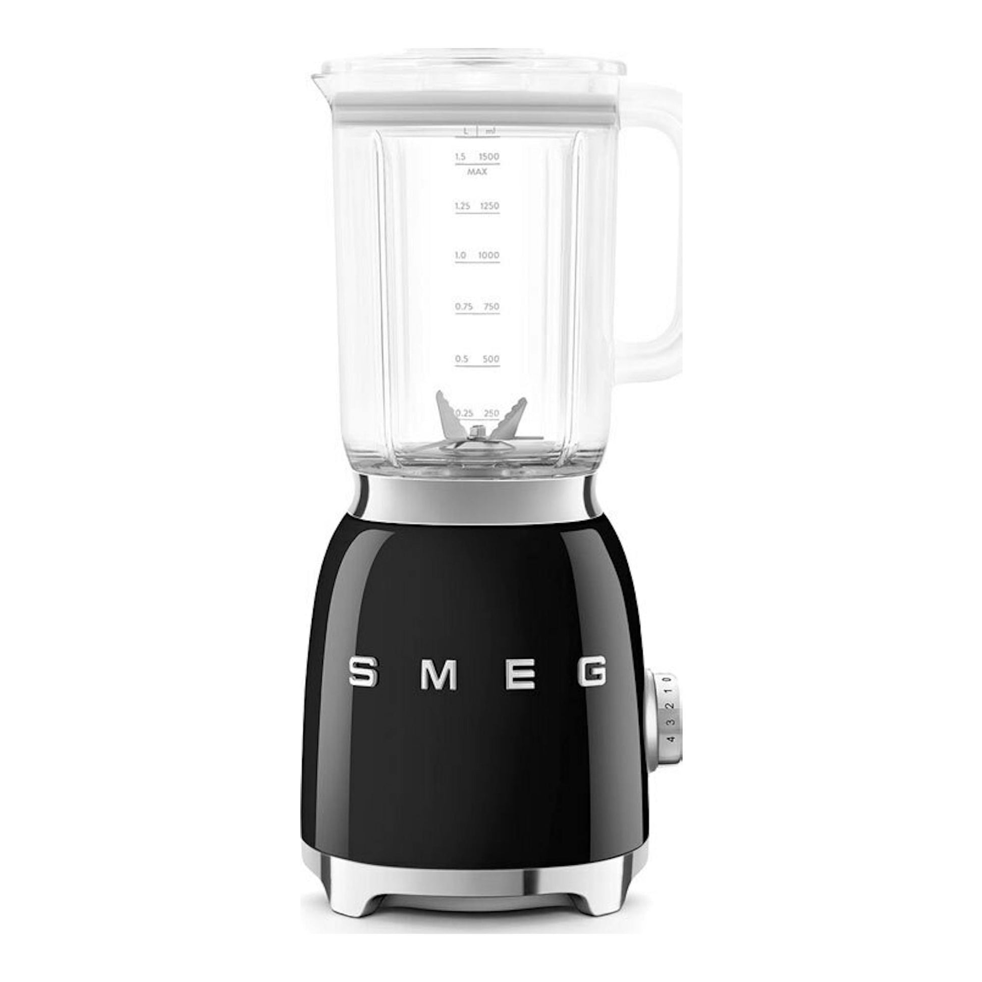 Batidora de vaso Smeg BLF03BLEU negra, vista frontal, con jarra transparente y base cromada.