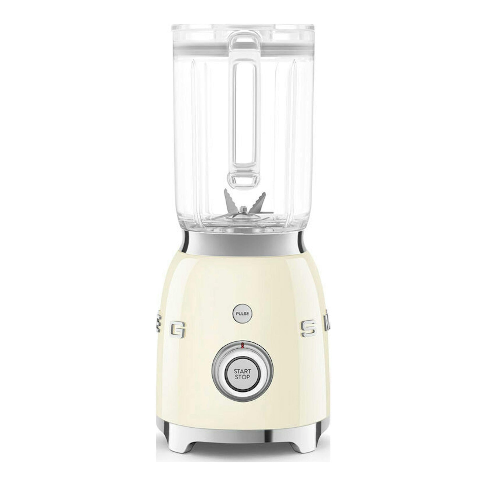 Batidora de vaso Smeg BLF03CREU crema, vista frontal, con jarra de cristal transparente.