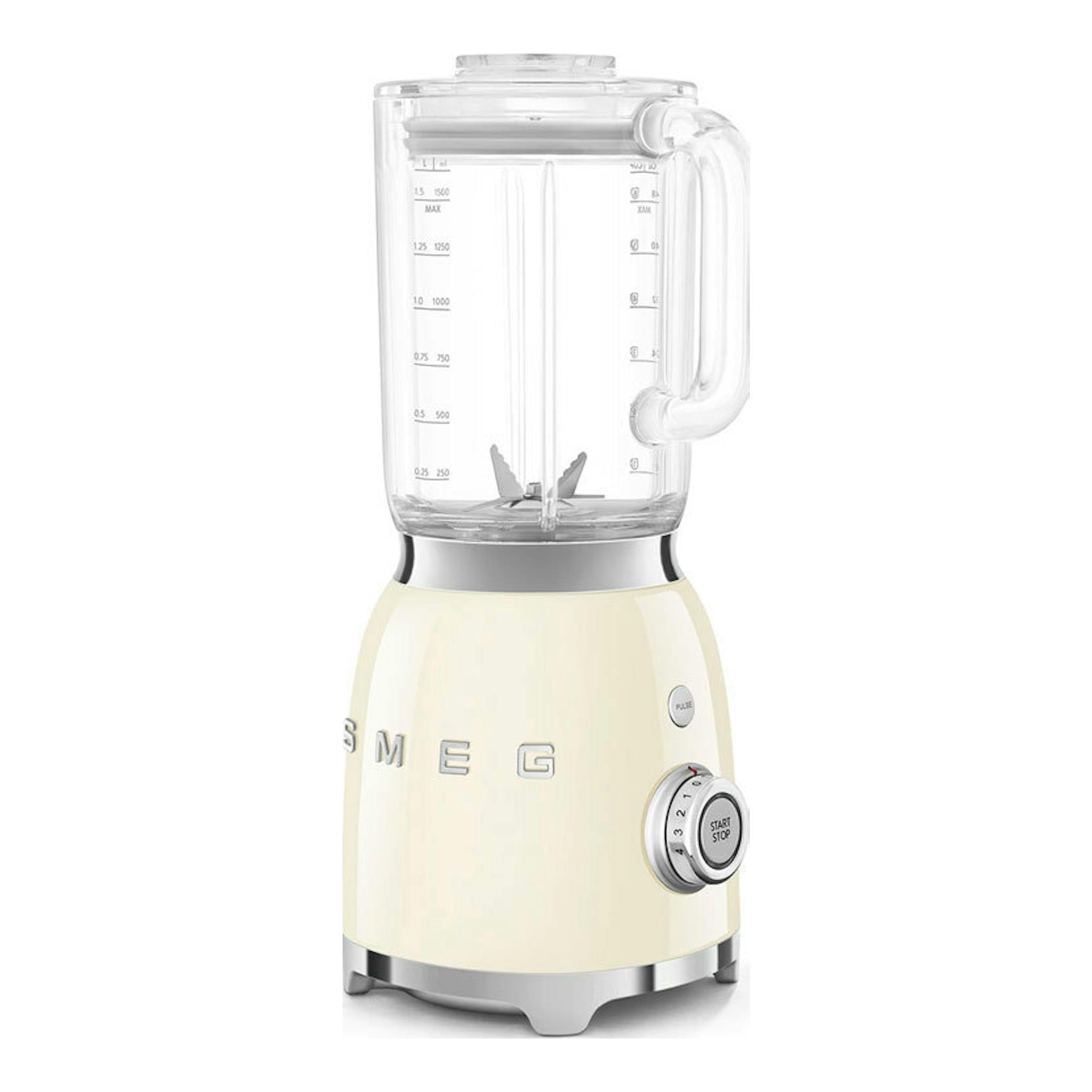 Batidora de vaso Smeg BLF03CREU crema, vista frontal, con jarra transparente y base color crema.