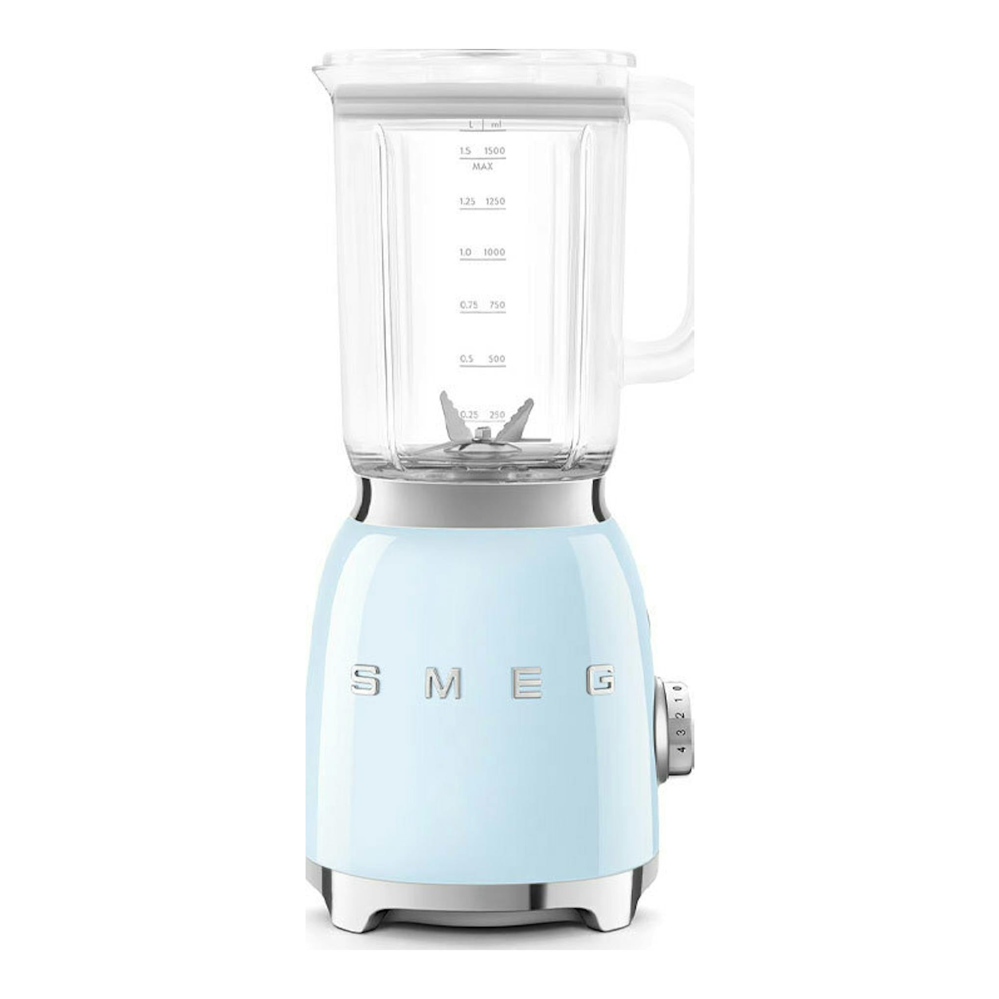 Batidora de vaso Smeg BLF03PBEU azul claro, vista frontal, con jarra transparente.