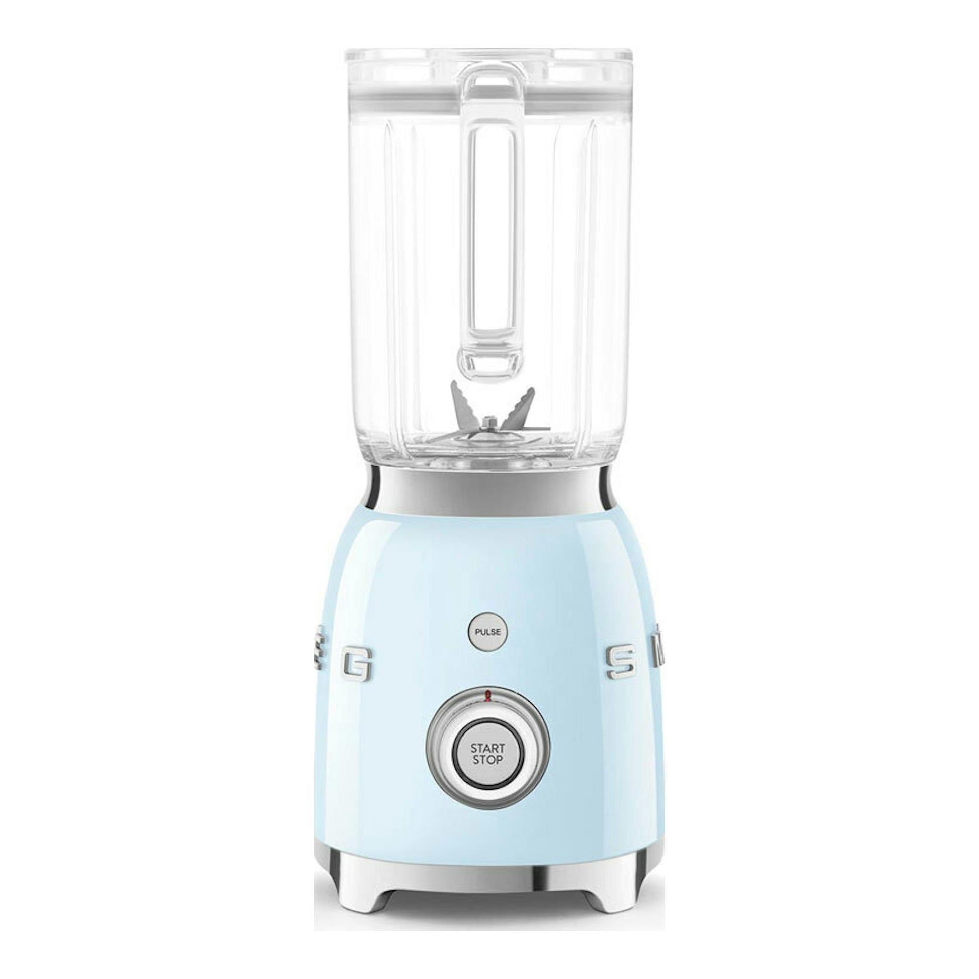 Batidora de vaso Smeg BLF03PBEU azul claro, vista frontal, con jarra transparente y base metálica.
