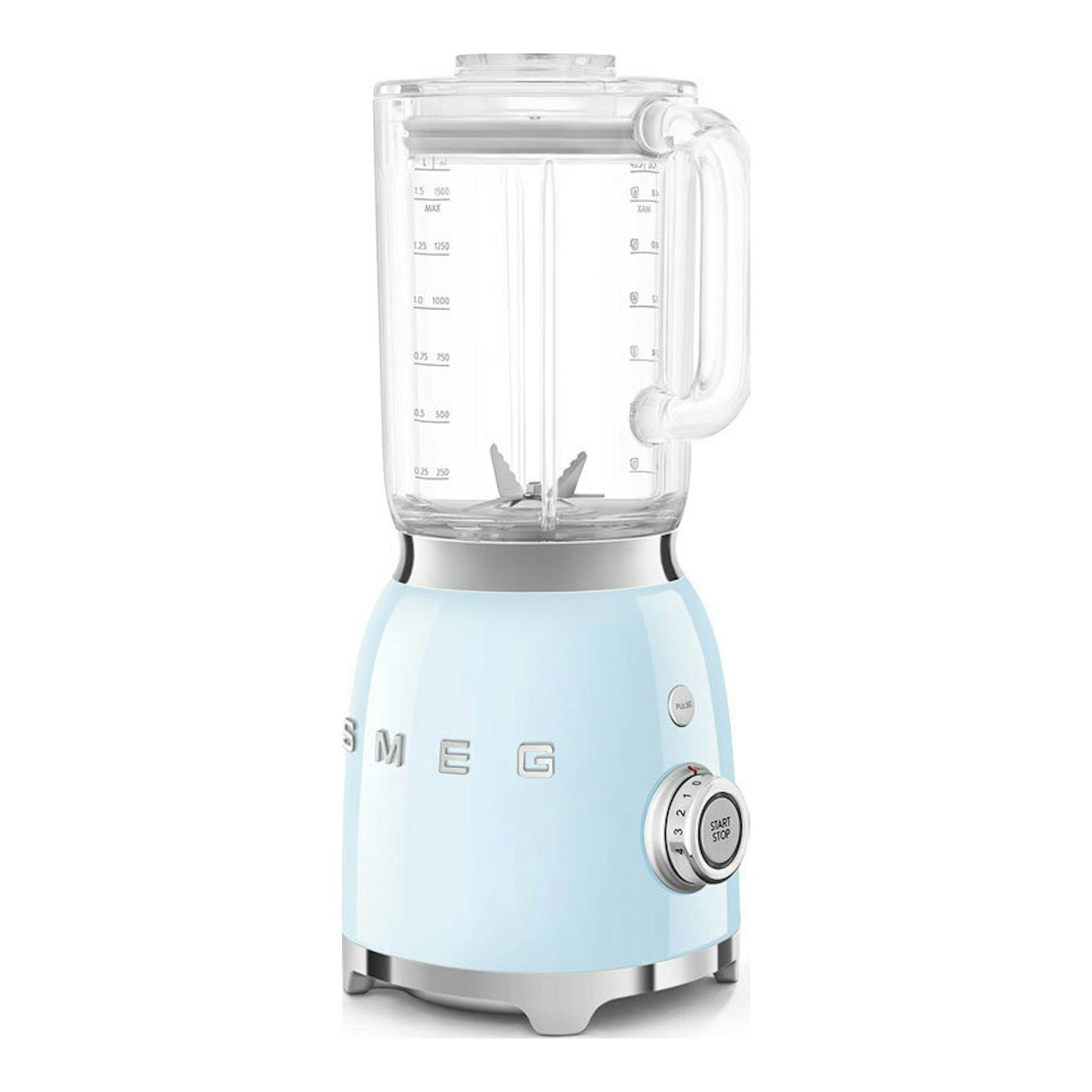 Batidora de vaso Smeg BLF03PBEU azul claro, vista frontal, con jarra transparente y base cromada.