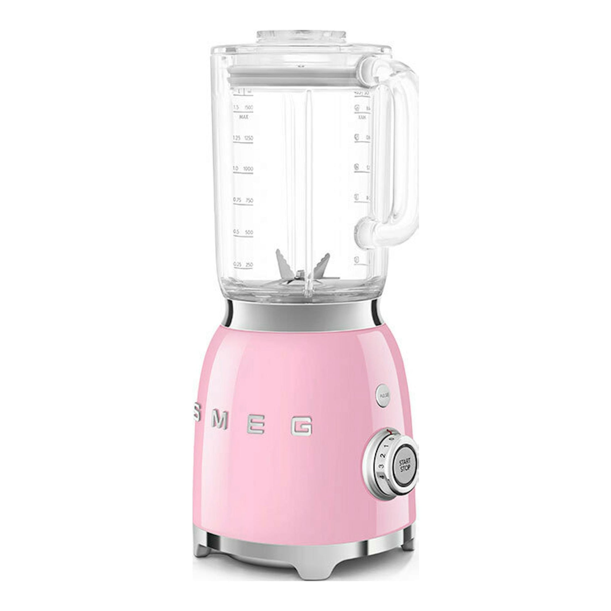 Batidora de vaso Smeg BLF03PKEU rosa, vista frontal, con jarra transparente y base metálica.