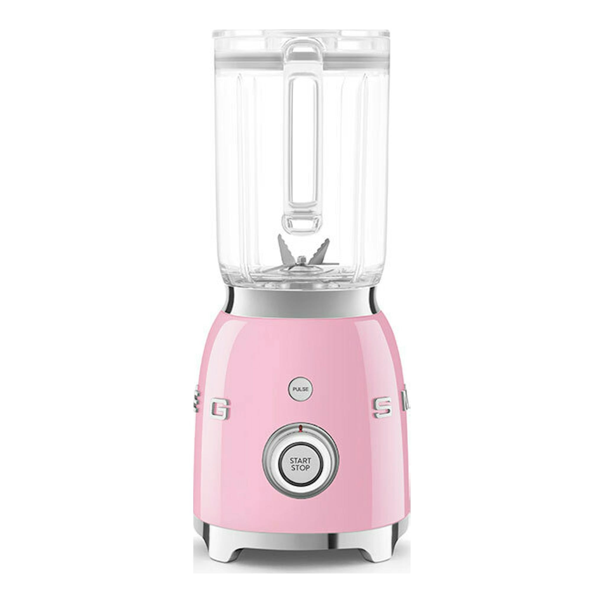 Batidora de vaso Smeg BLF03PKEU rosa, vista frontal, con jarra transparente y base metálica.