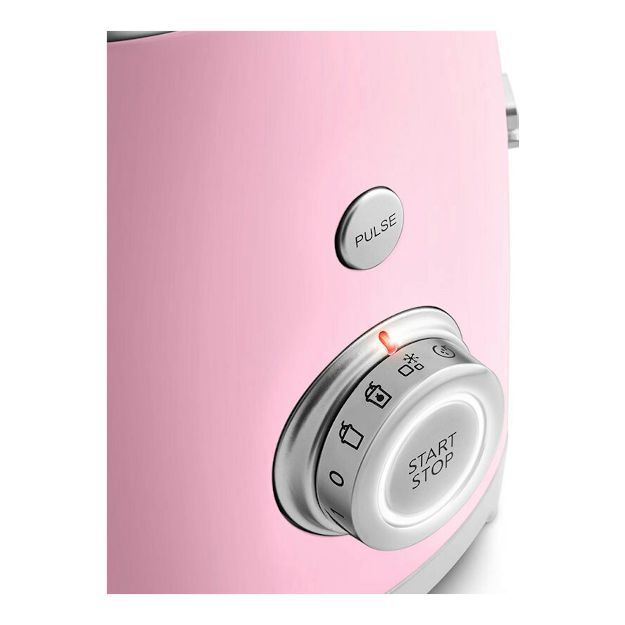 Batidora de vaso Smeg BLF03PKEU rosa, primer plano de los controles con botón Start/Stop y Pulse.