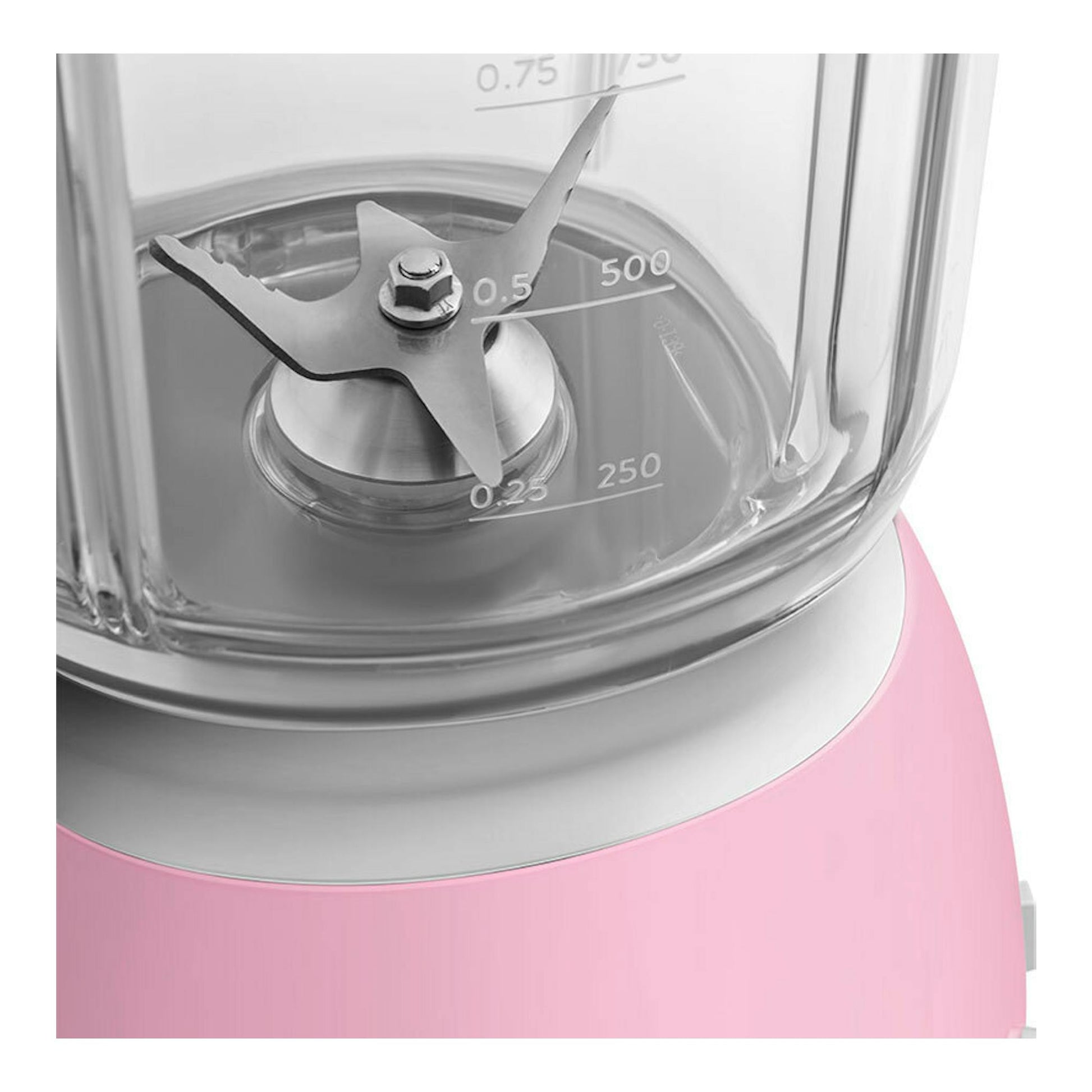 Batidora de vaso Smeg BLF03PKEU rosa, detalle en primer plano de la jarra y la base.