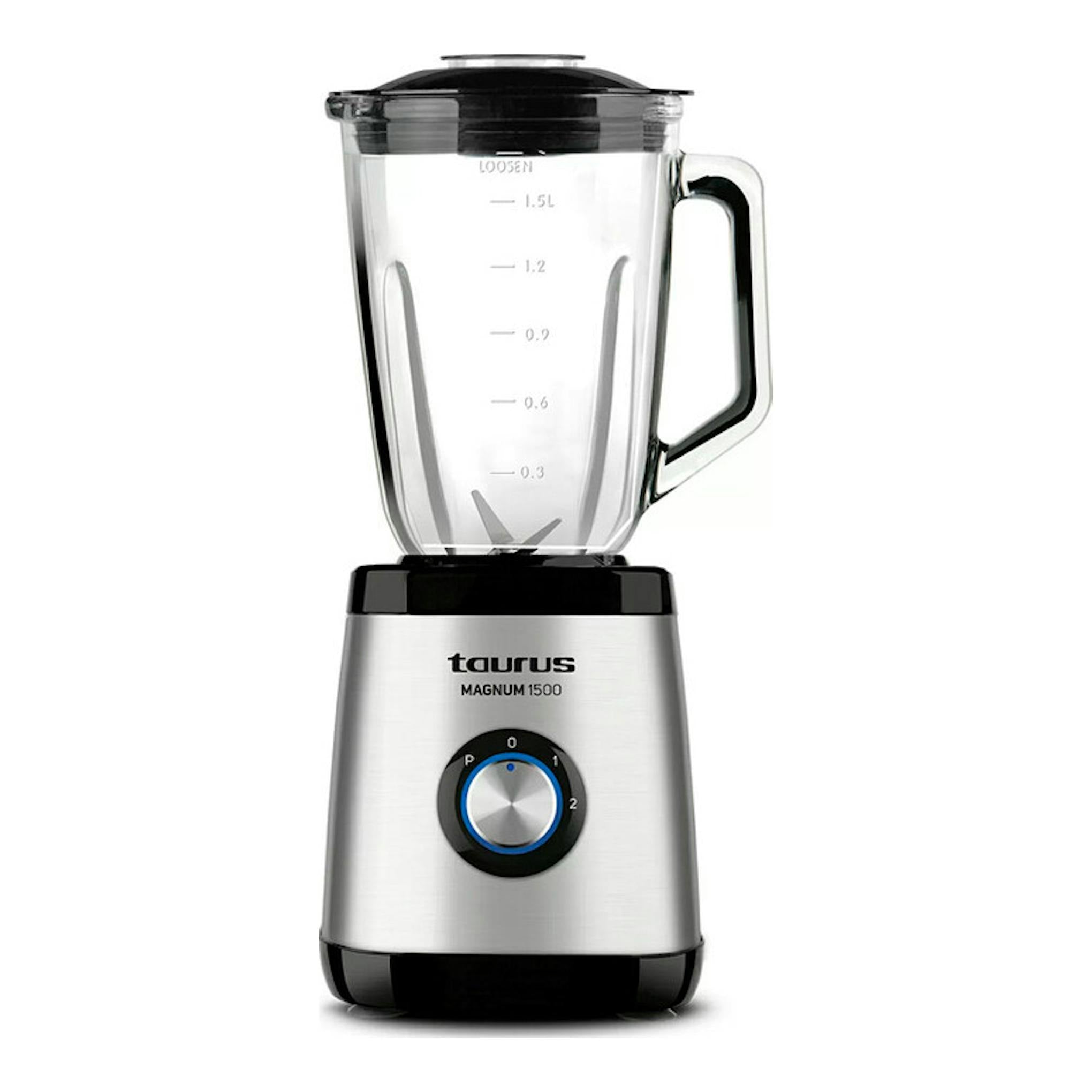 Batidora de vaso Taurus Magnum 1500, vista frontal, jarra transparente y cuerpo inox con base negra.