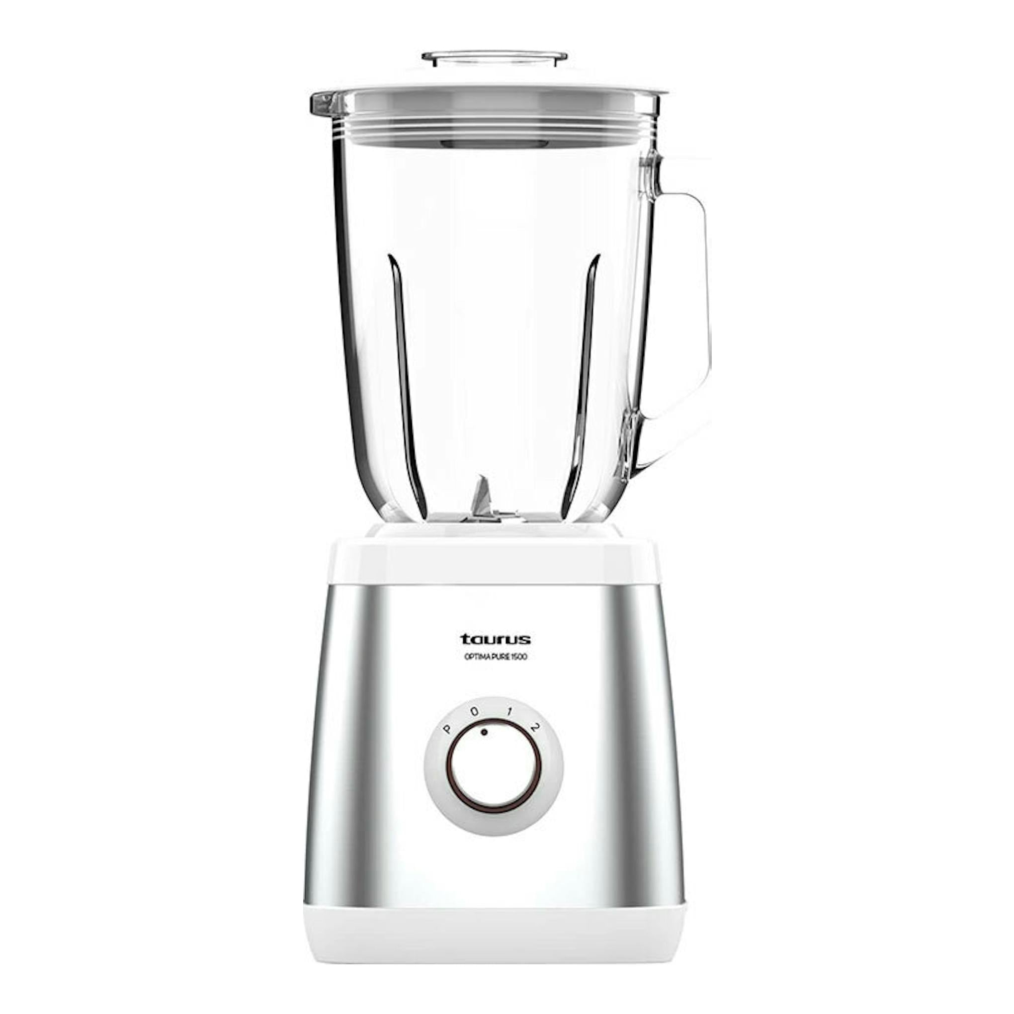 Batidora de vaso Taurus Optima Pure 1500, vista frontal, con jarra de vidrio y base blanca y plateada.