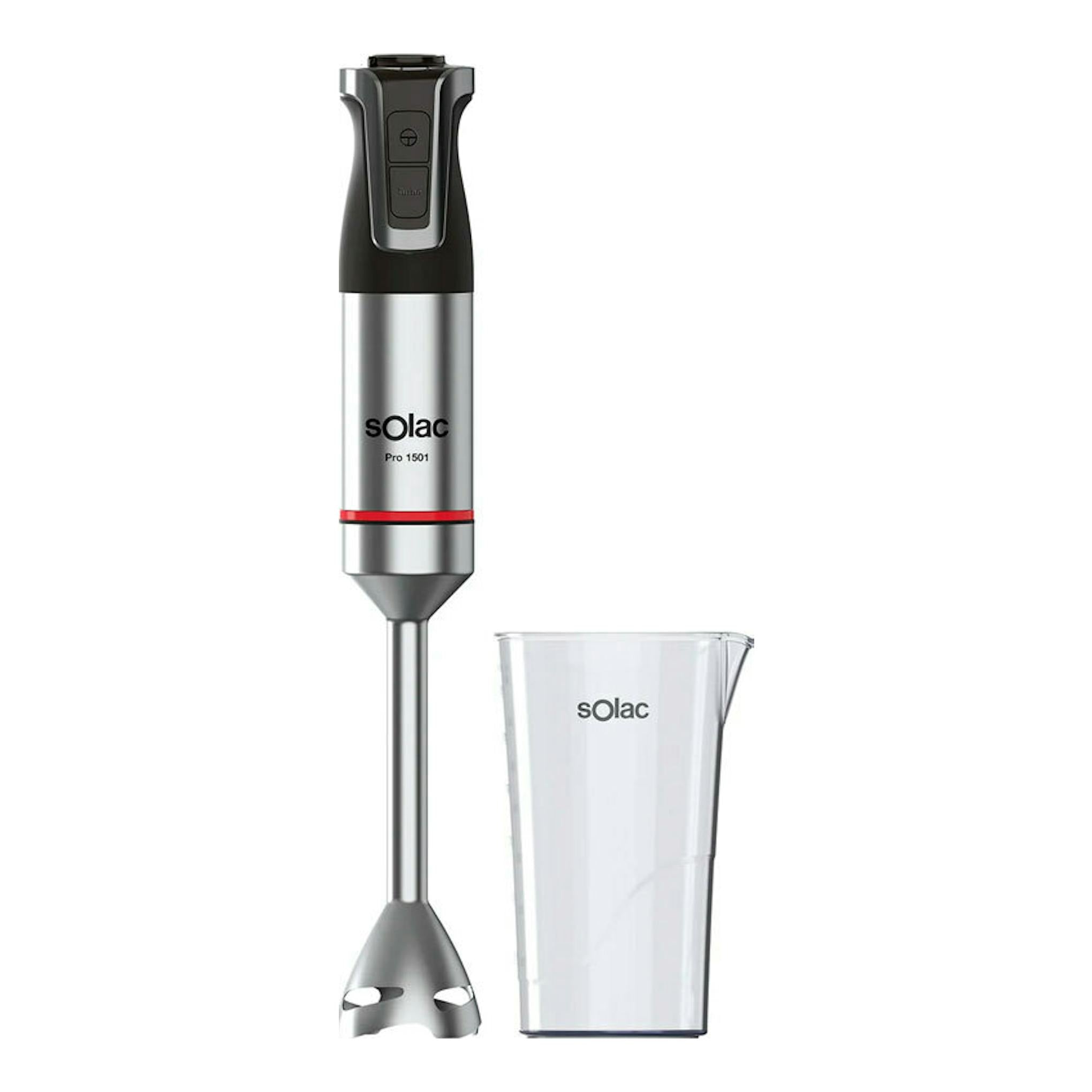 Batidora de mano Solac Pro 1501 negra y plata, vista frontal, con vaso medidor transparente.