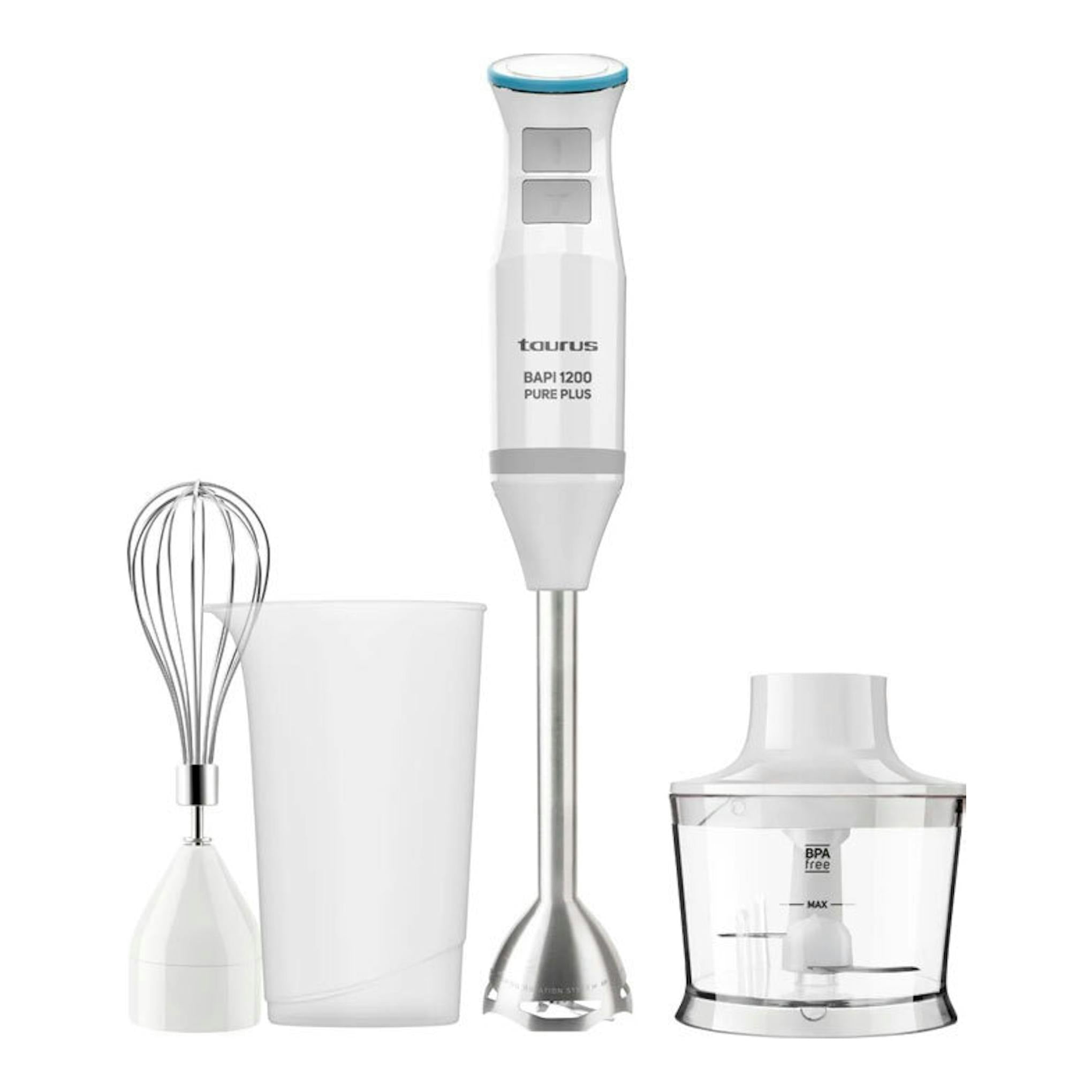 Batidora de mano Taurus Bapi 1200 Pure Plus en vista frontal, blanca y gris, con vaso, varillas y picadora.