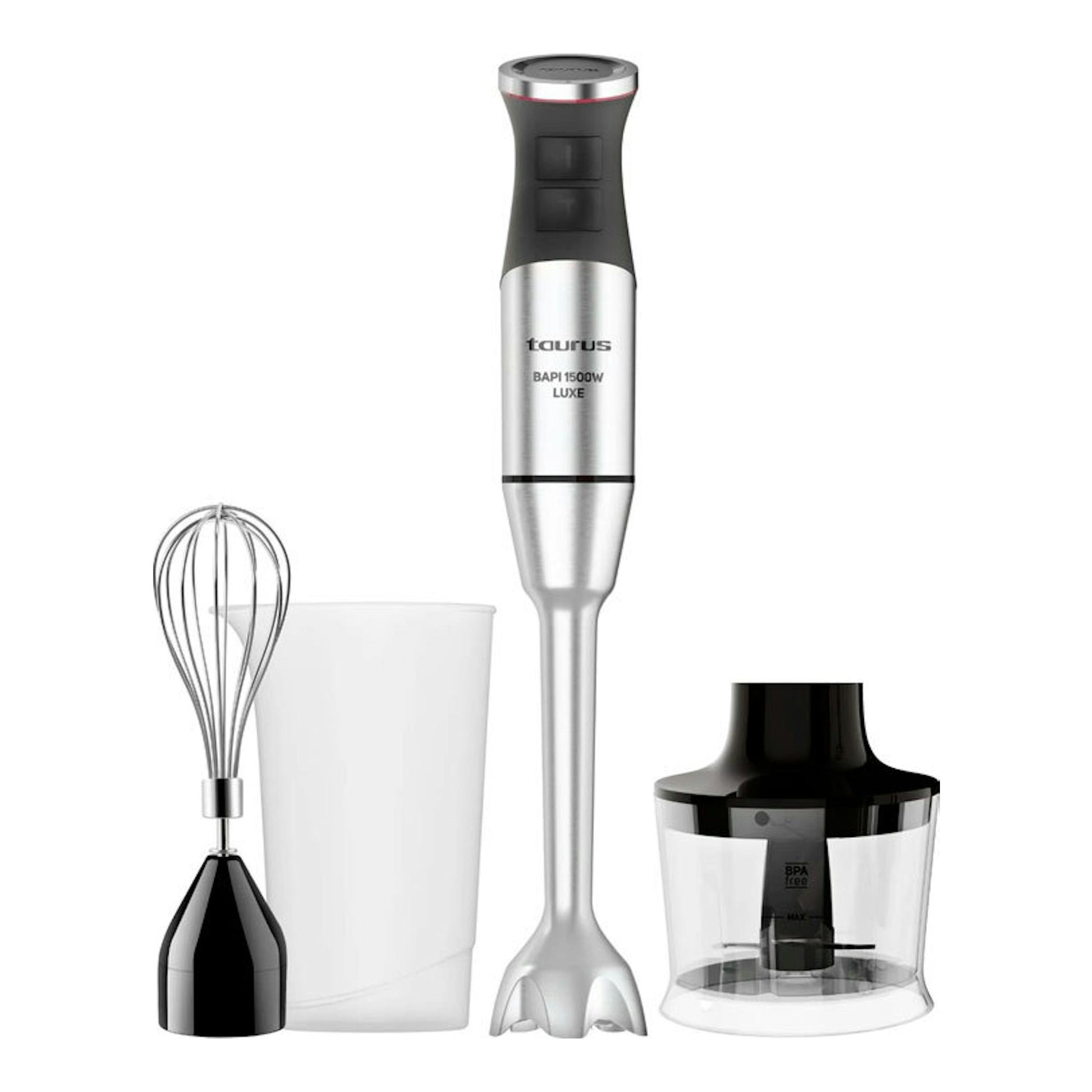Batidora de mano Taurus Bapi 1500W Luxe en acero inoxidable, con varilla, vaso y picadora.